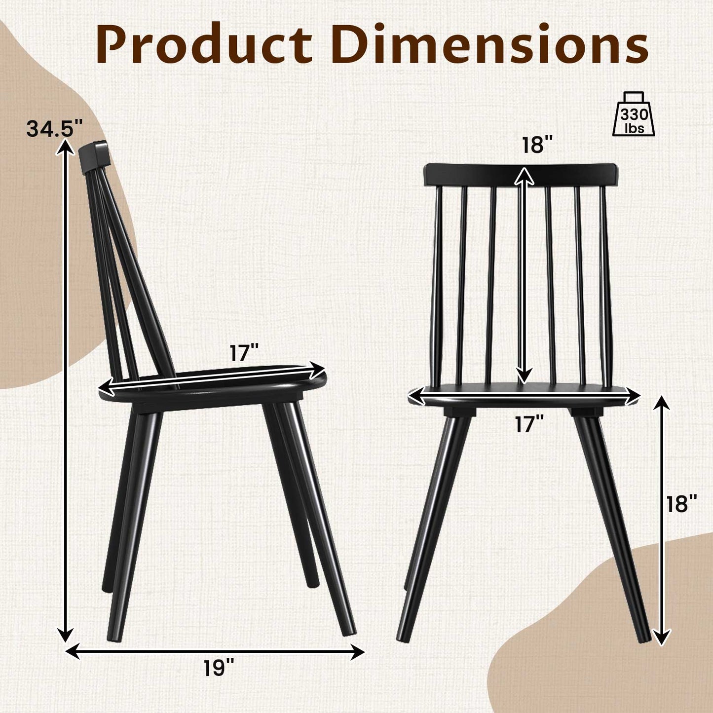 Windsor Dining Chairs Set of 4 - Solid Rubber Wood