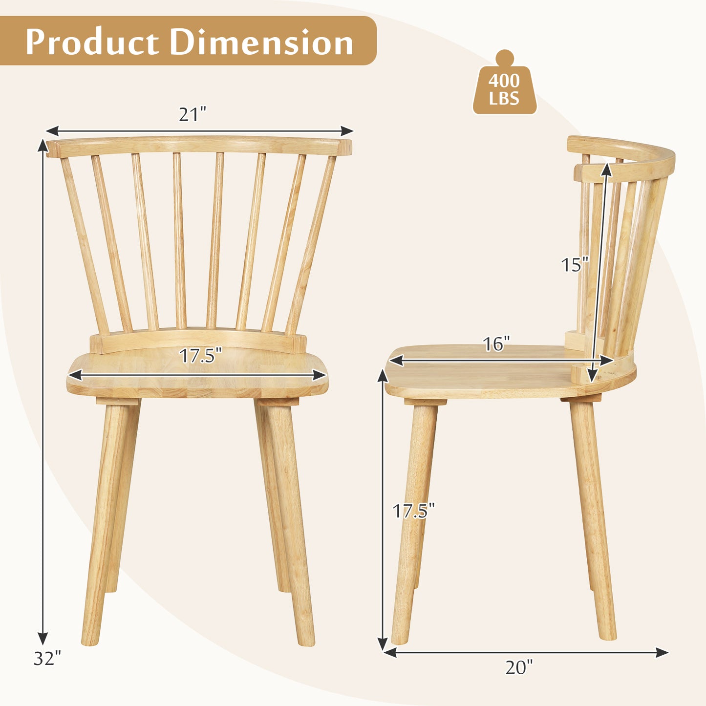 Windsor Dining Chairs Set of 2 with Spindle Back