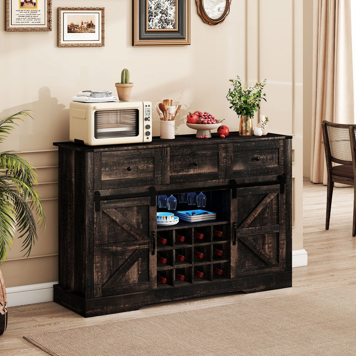 52 Inches Wine Bar Cabinet with LED Lights and Sliding Barn Doors