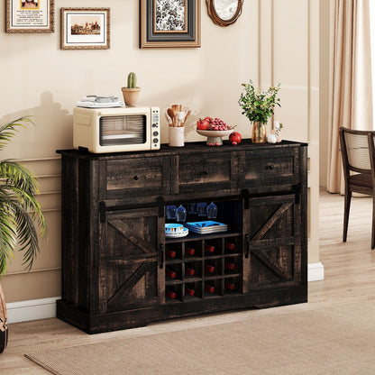 52 Inches Wine Bar Cabinet with LED Lights and Sliding Barn Doors