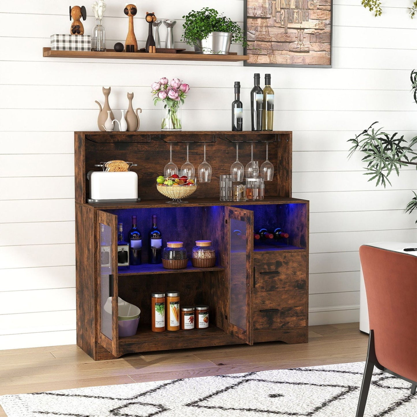 Wine Bar Cabinet with LED Lights and Charging Station