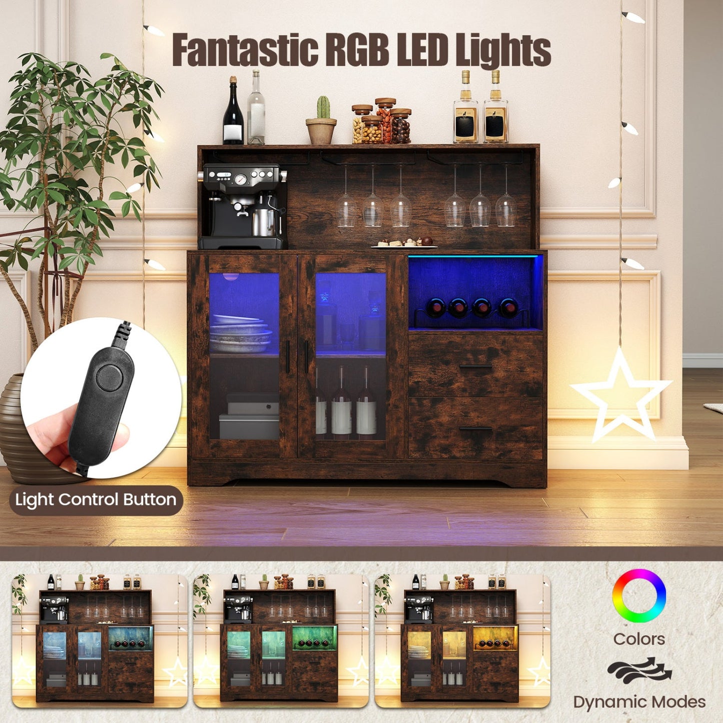 Wine Bar Cabinet with LED Lights and Charging Station