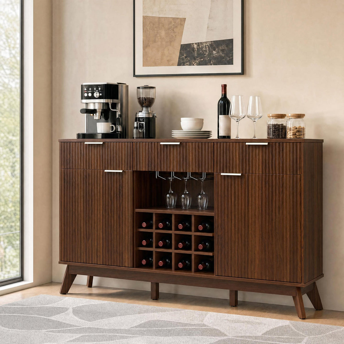 Wine Bar Cabinet with Adjustable Shelves and Glass Holders