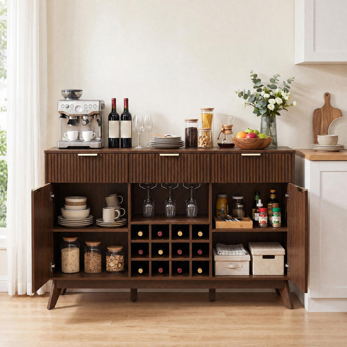 Wine Bar Cabinet with Adjustable Shelves and Glass Holders
