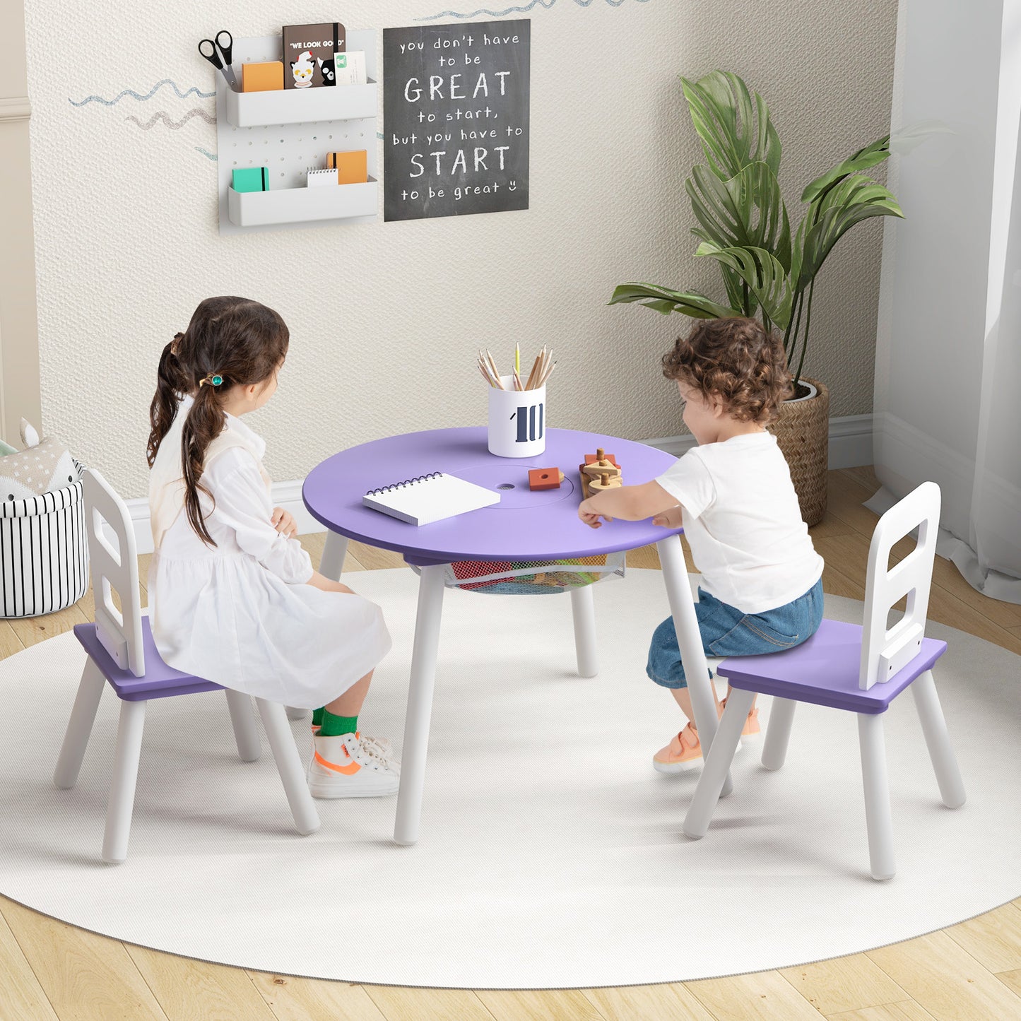 Kids Table and Chair Set with Mesh Storage - 3 Piece