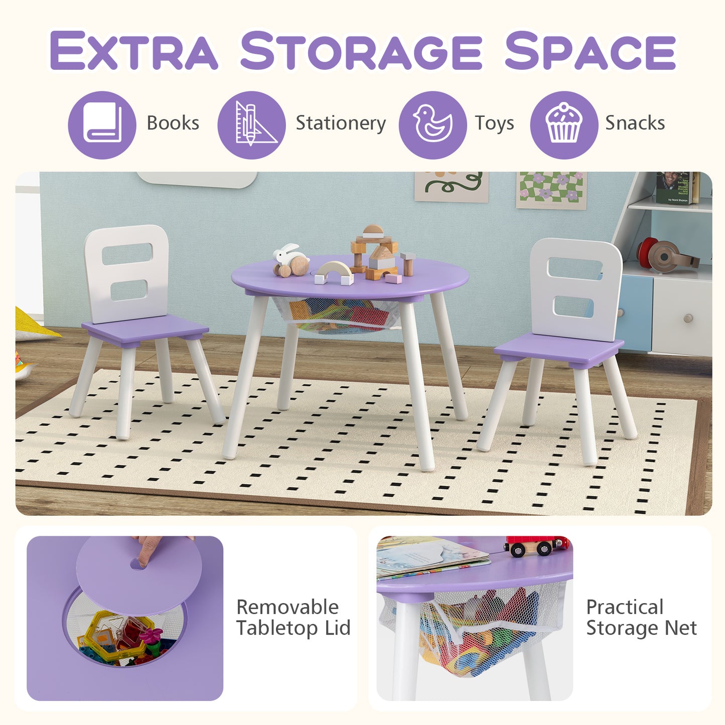 Kids Table and Chair Set with Mesh Storage - 3 Piece