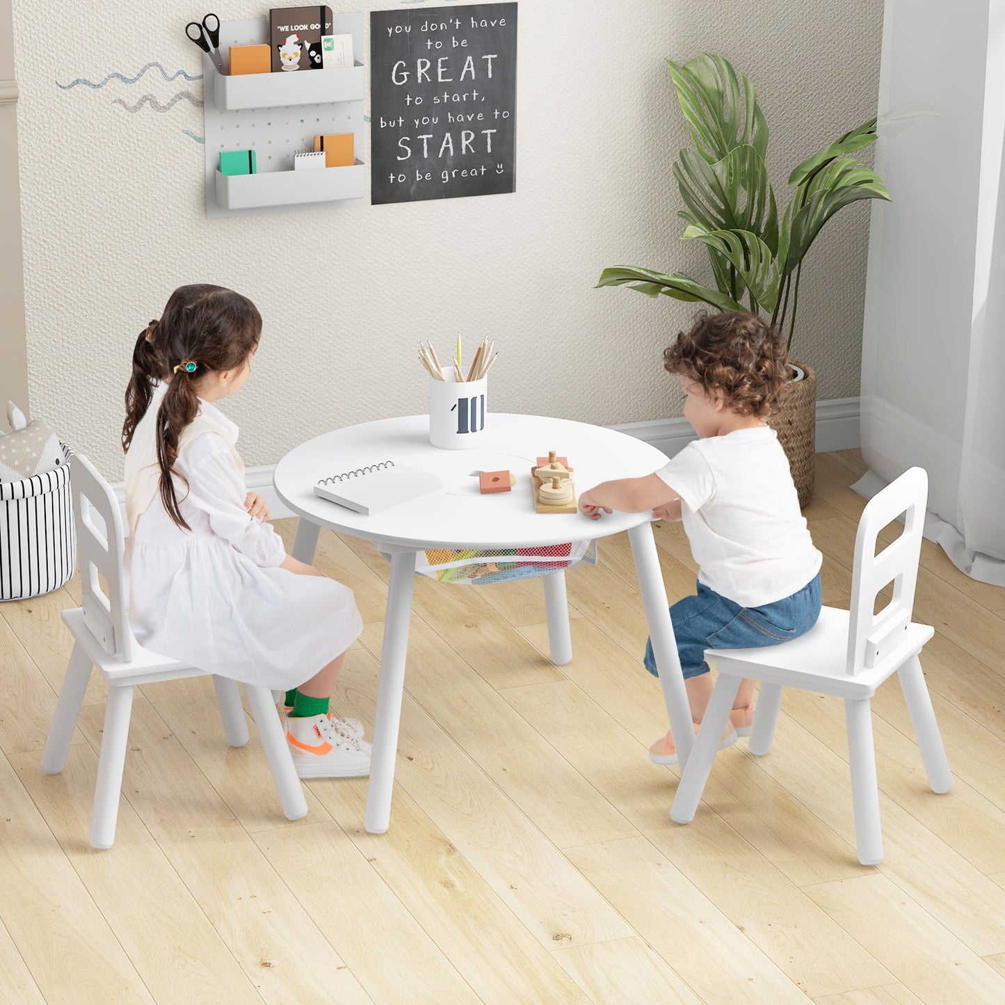 Kids Table and Chair Set with Mesh Storage - 3 Piece