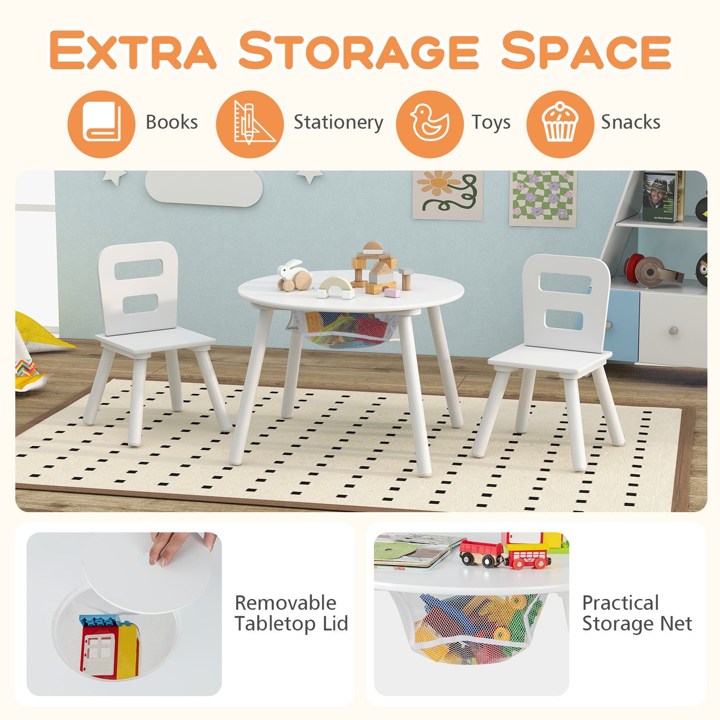 Kids Table and Chair Set with Mesh Storage - 3 Piece