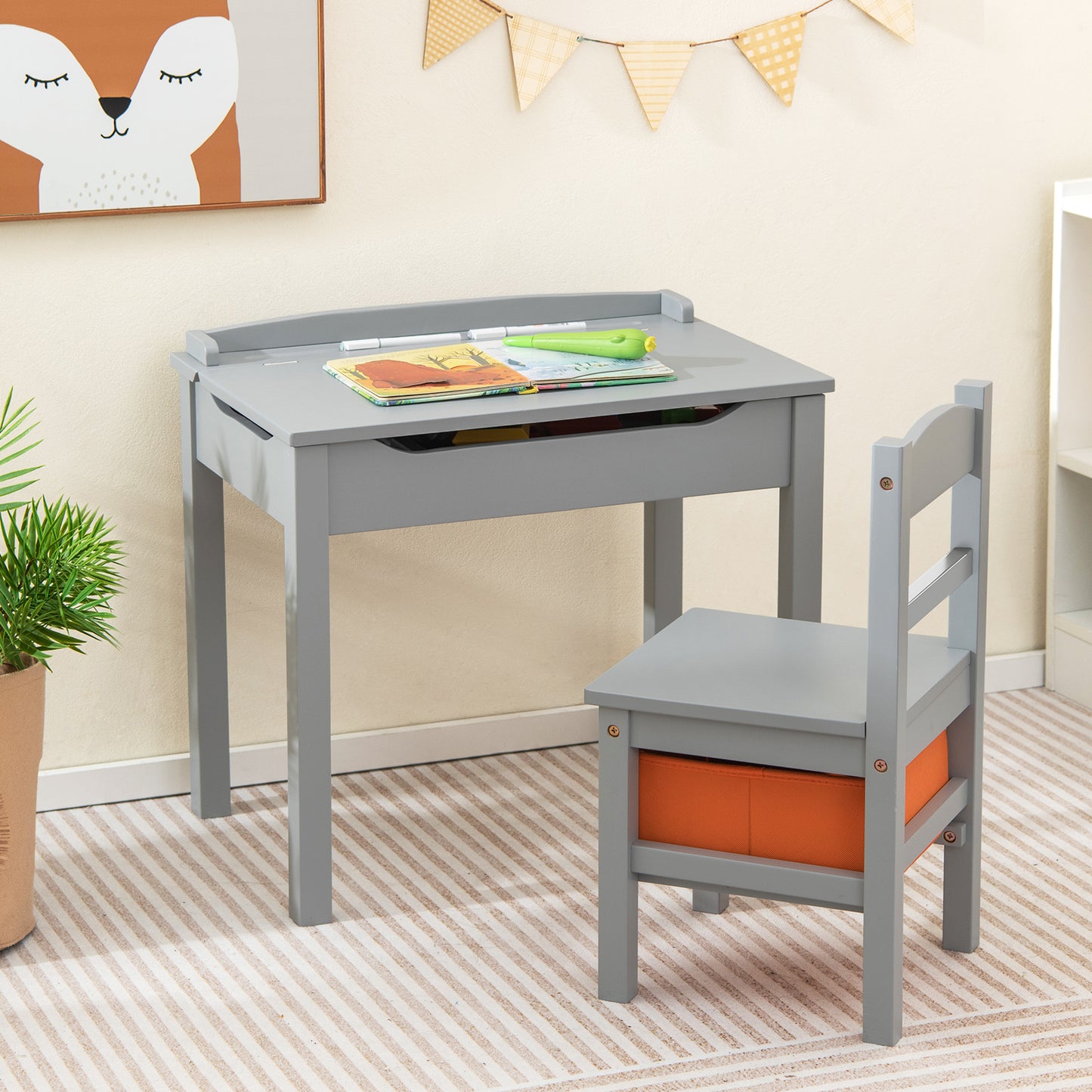 Kids Table and Chair Set with Storage - Solid Wood Activity Desk