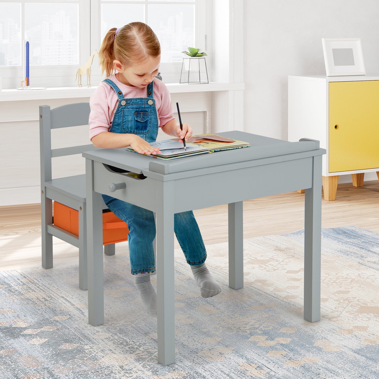 Kids Table and Chair Set with Storage - Solid Wood Activity Desk