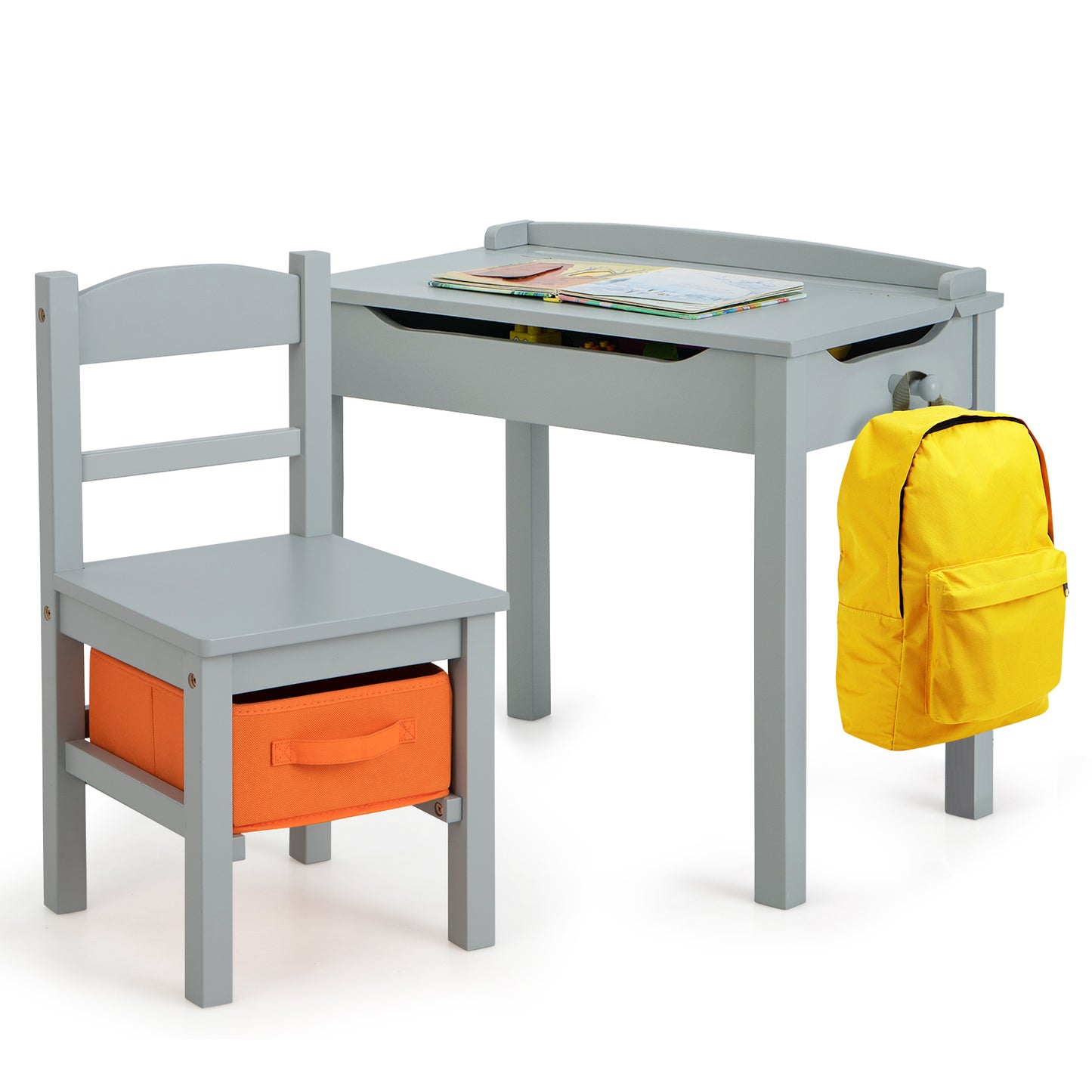 Kids Table and Chair Set with Storage - Solid Wood Activity Desk