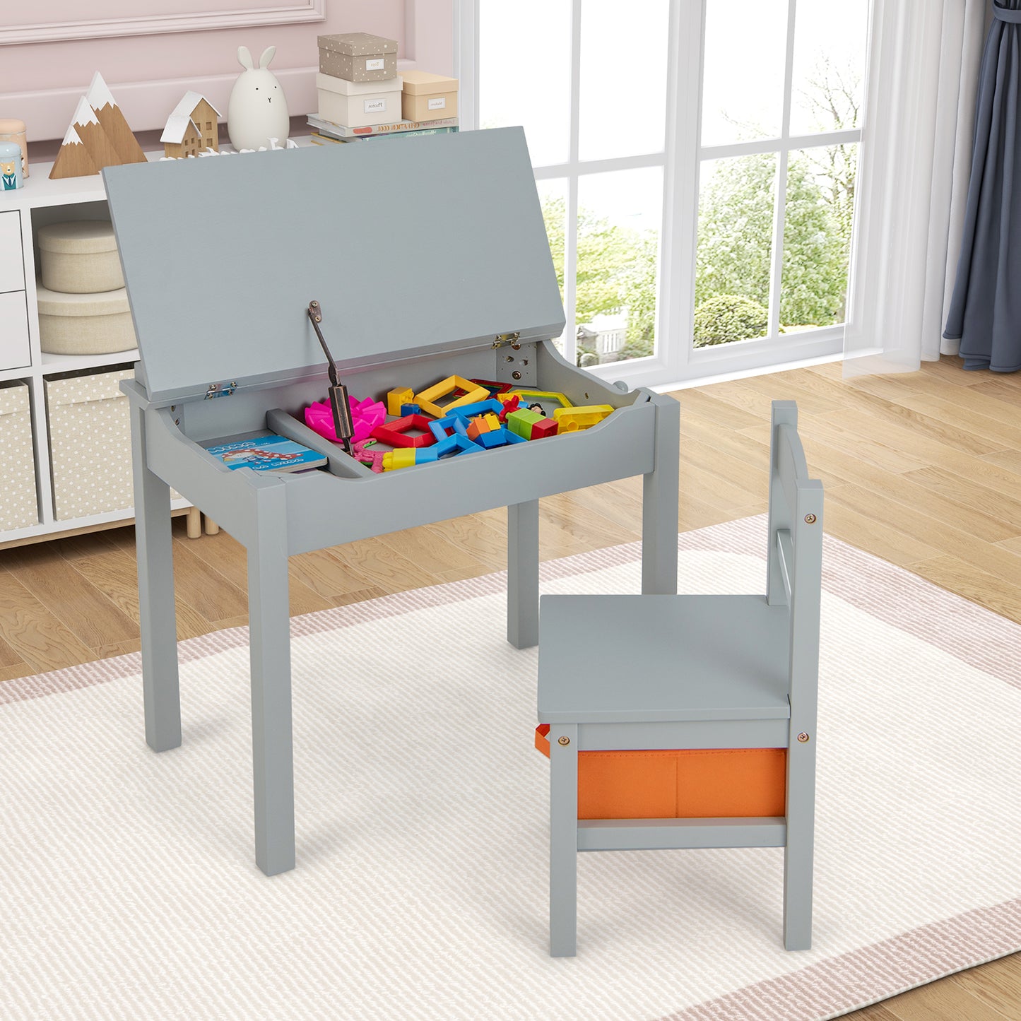 Kids Table and Chair Set with Storage - Solid Wood Activity Desk