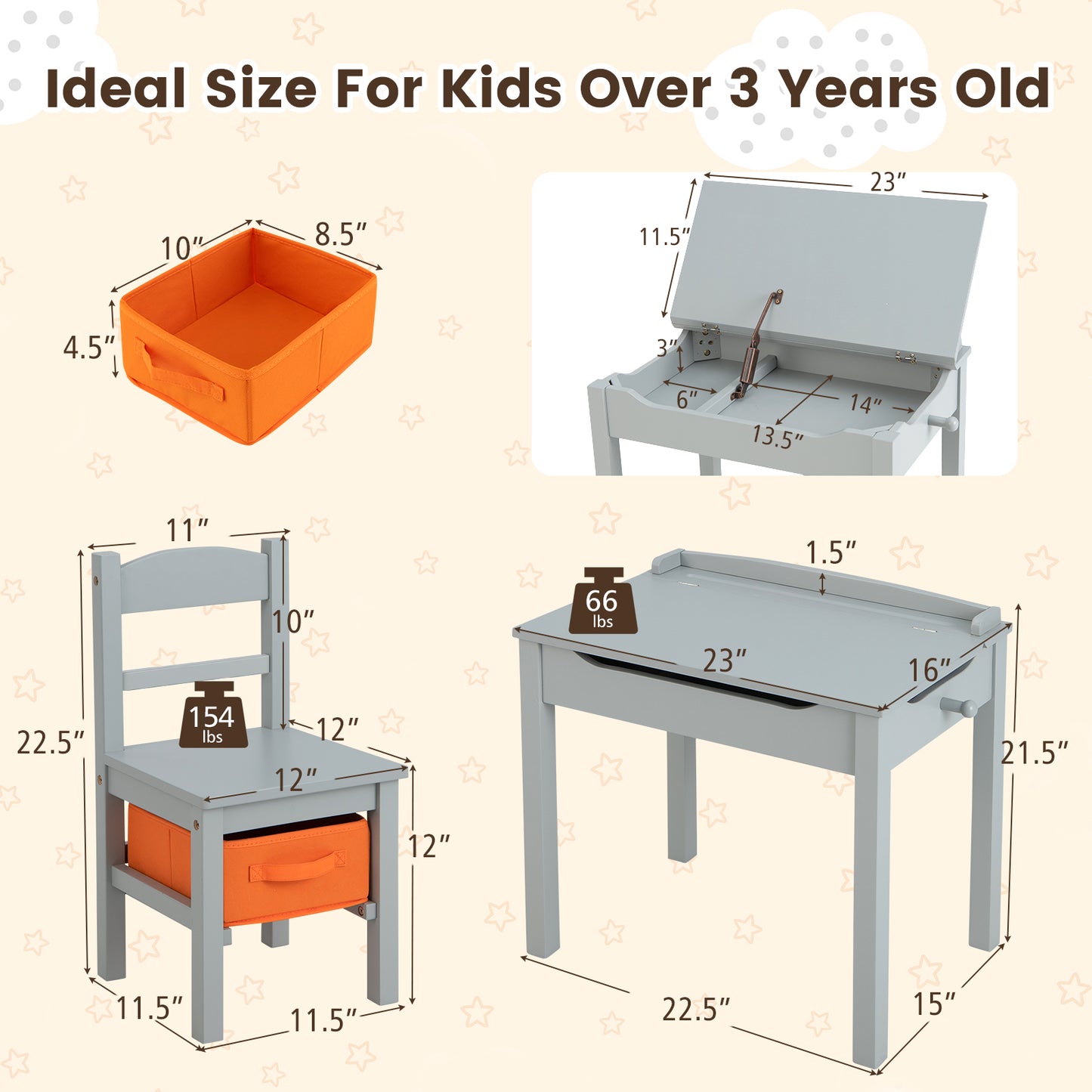 Kids Table and Chair Set with Storage - Solid Wood Activity Desk