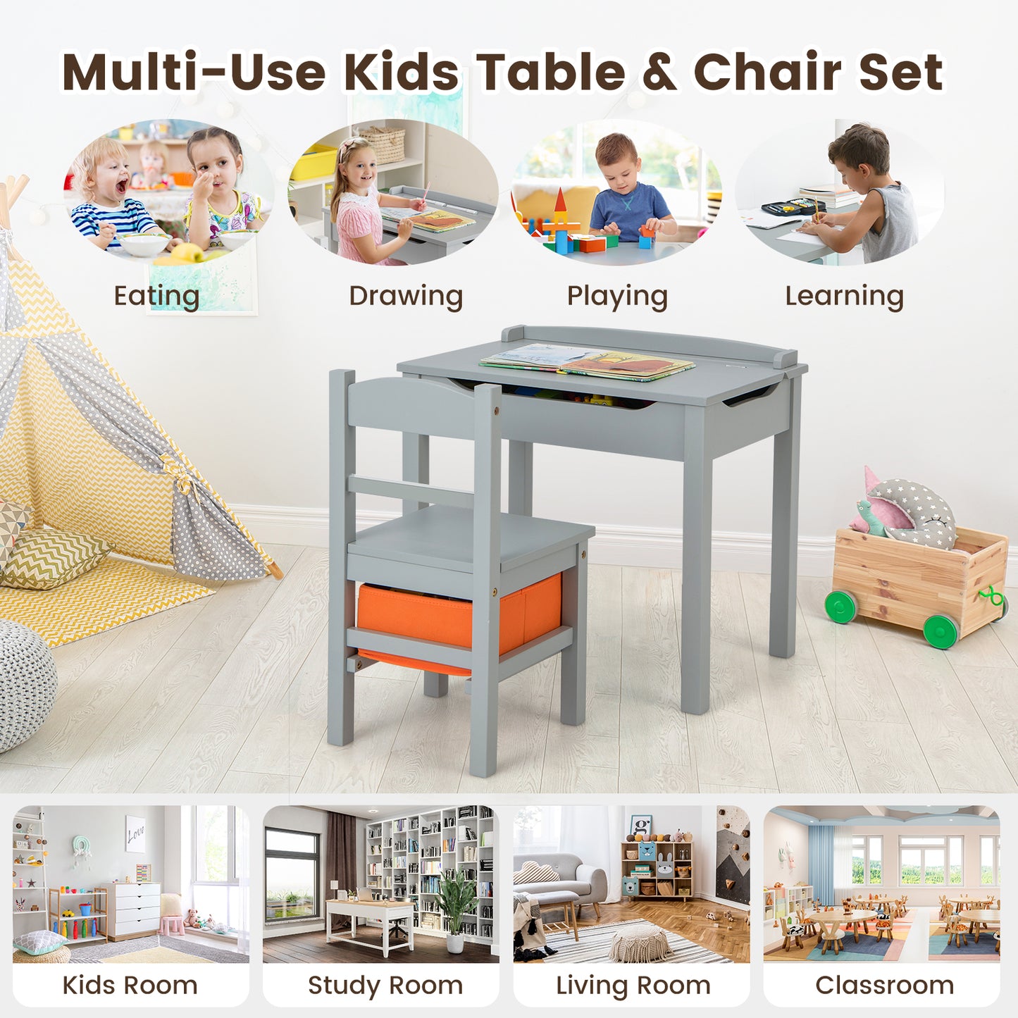 Kids Table and Chair Set with Storage - Solid Wood Activity Desk