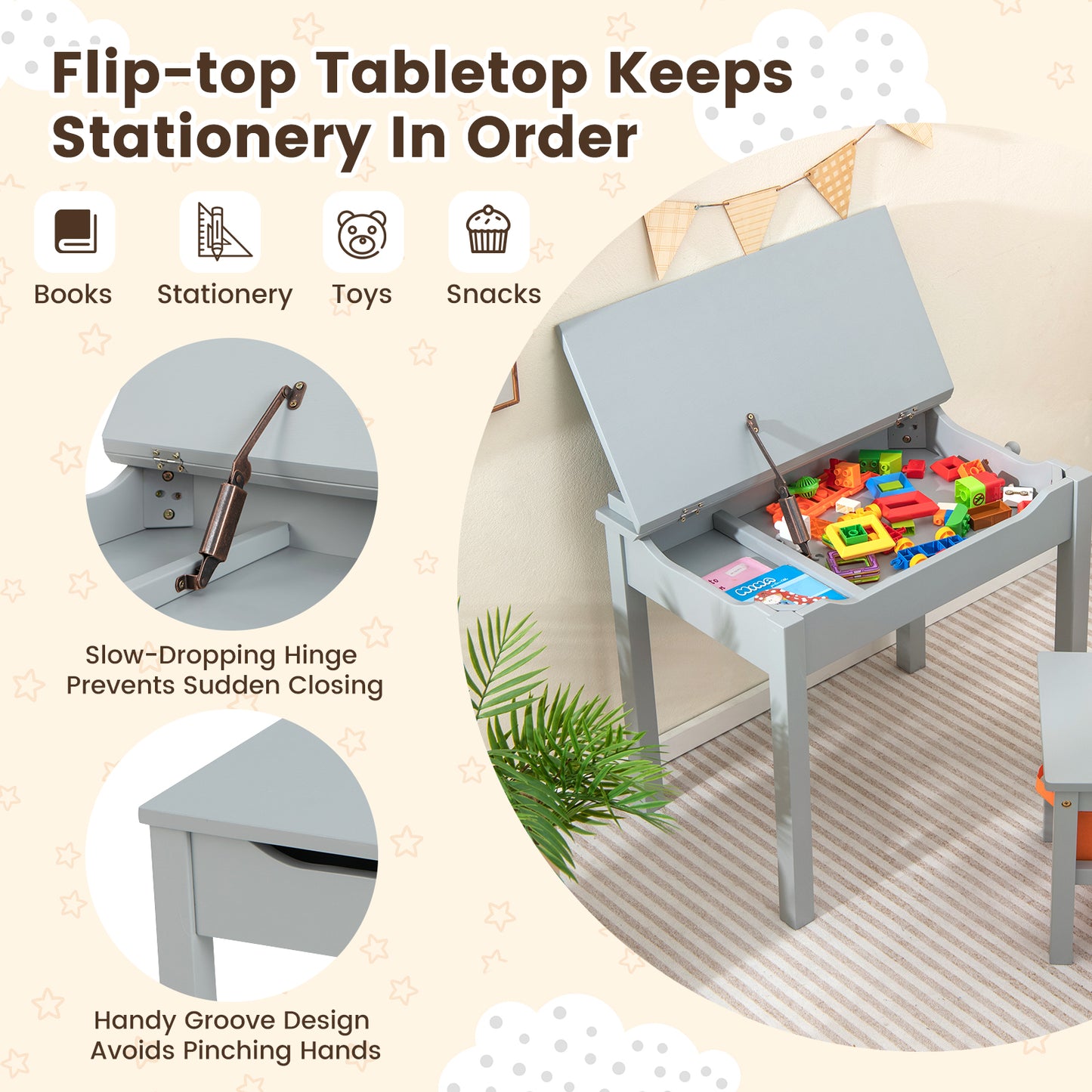 Kids Table and Chair Set with Storage - Solid Wood Activity Desk