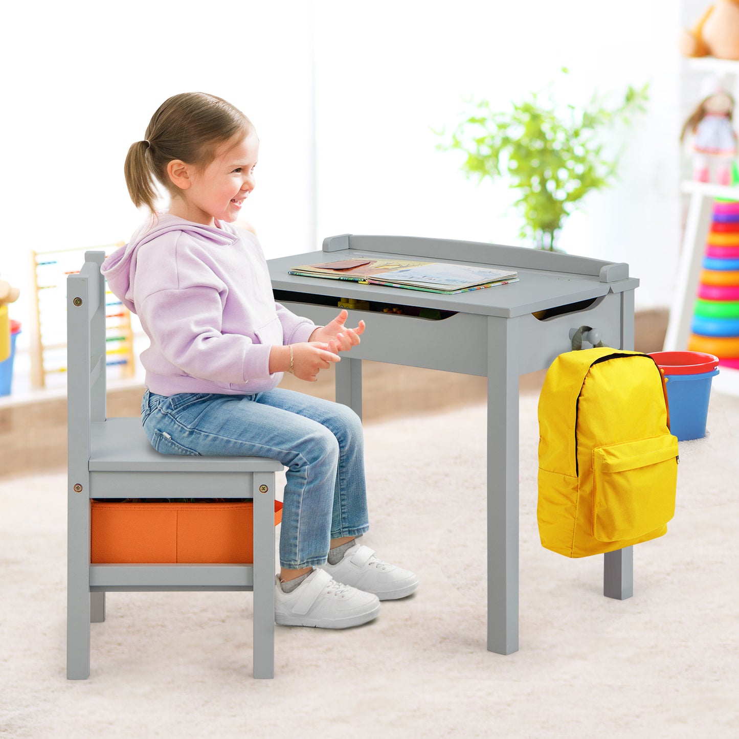 Kids Table and Chair Set with Storage - Solid Wood Activity Desk