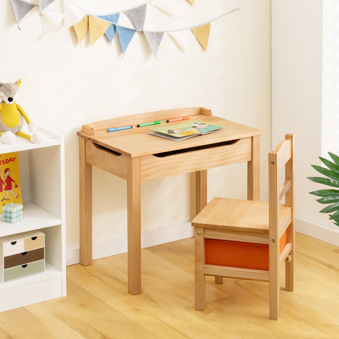 Kids Table and Chair Set with Storage - Solid Wood Activity Desk