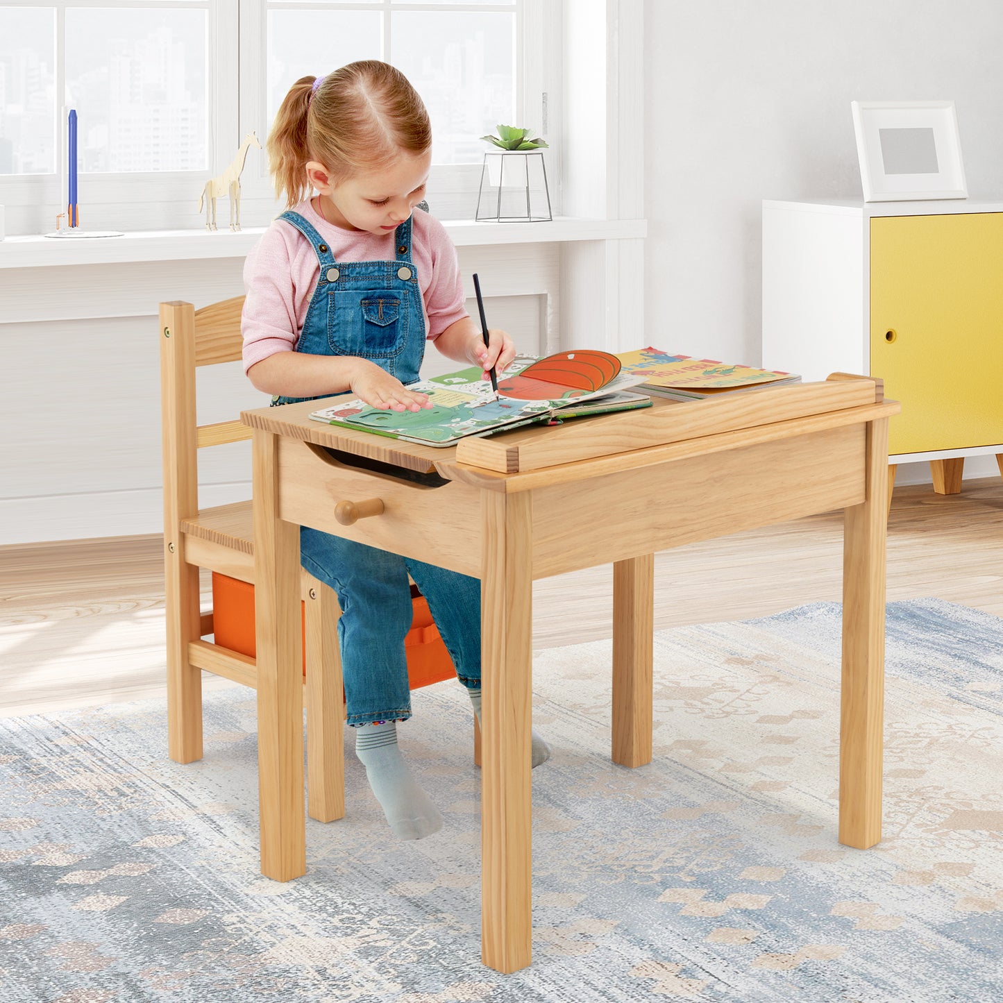 Kids Table and Chair Set with Storage - Solid Wood Activity Desk