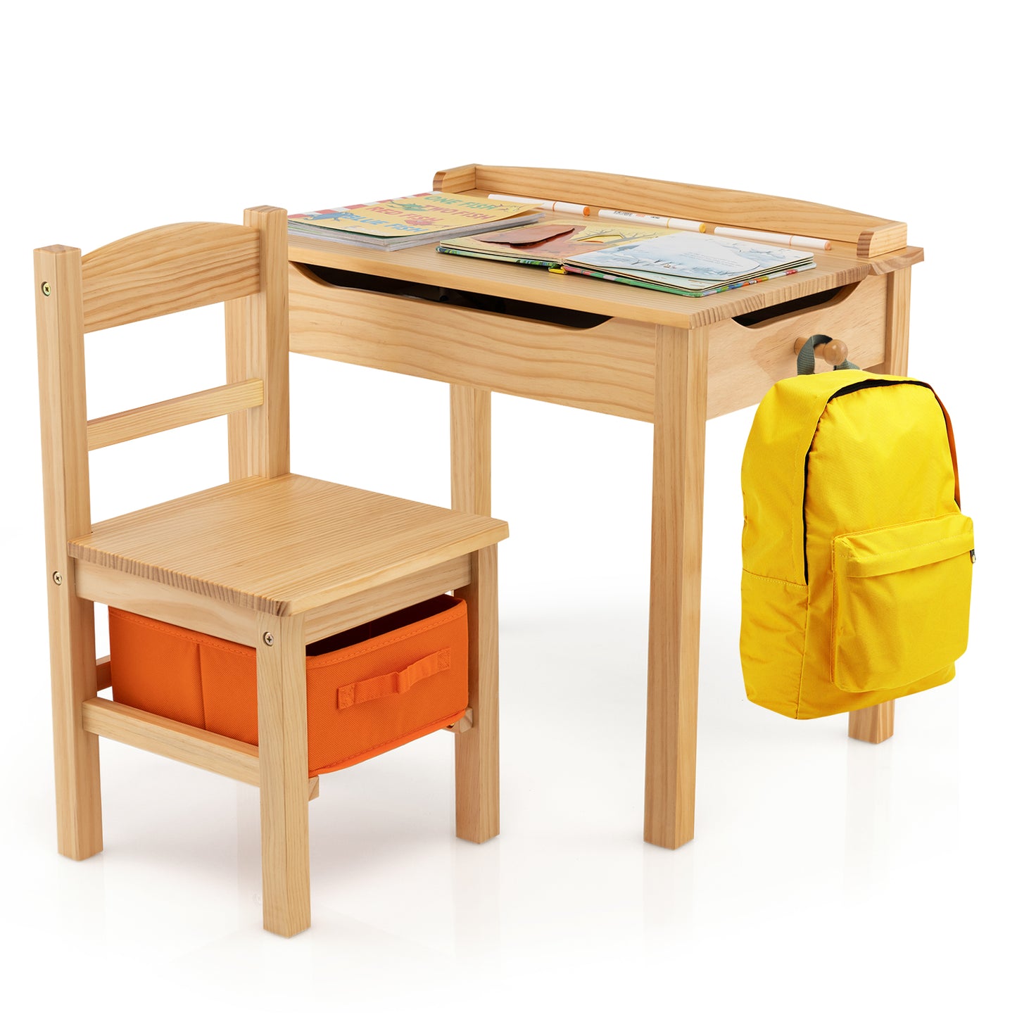 Kids Table and Chair Set with Storage - Solid Wood Activity Desk