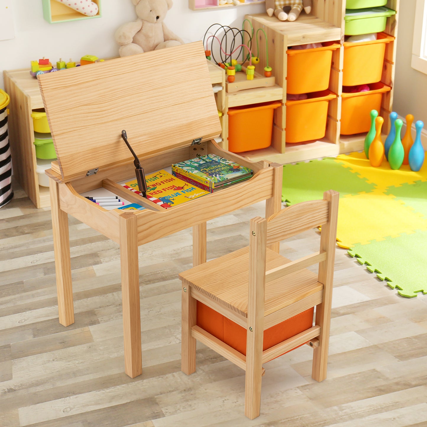 Kids Table and Chair Set with Storage - Solid Wood Activity Desk