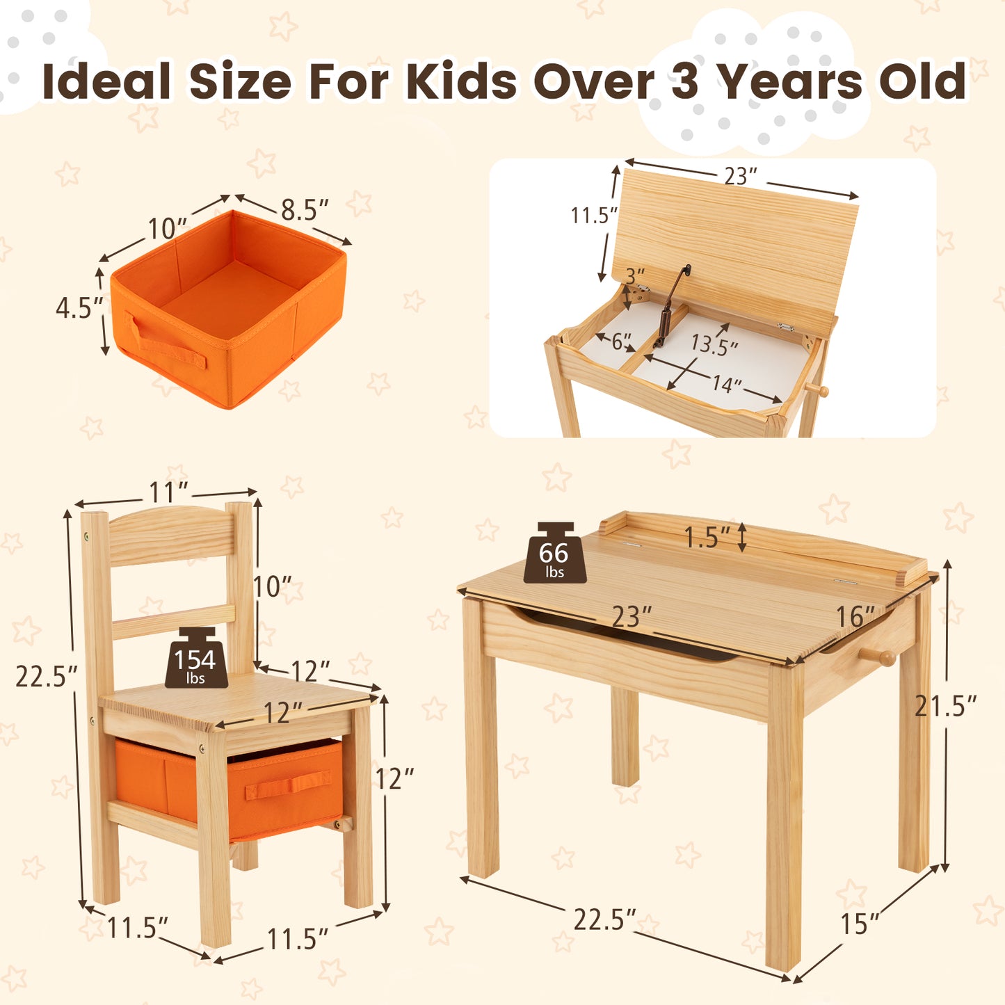 Kids Table and Chair Set with Storage - Solid Wood Activity Desk