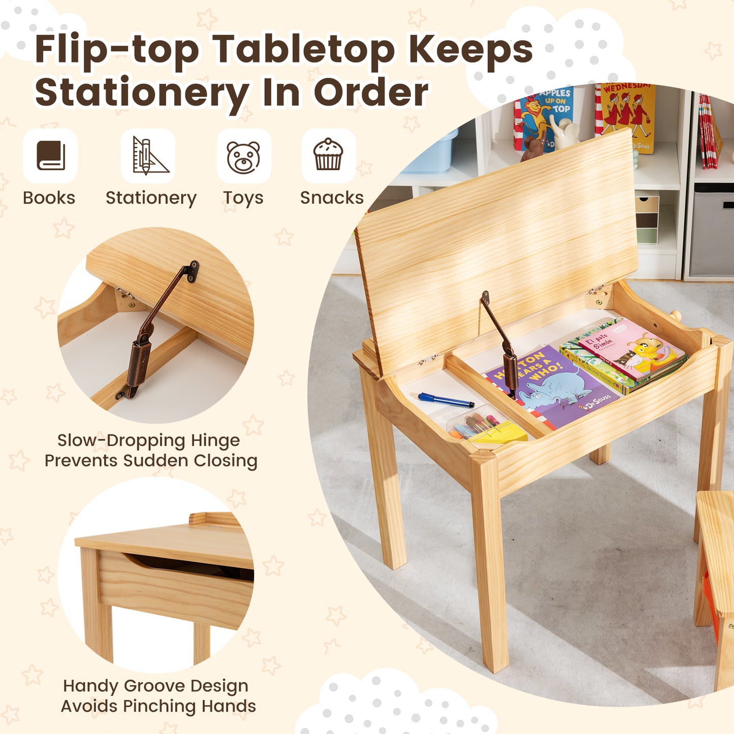 Kids Table and Chair Set with Storage - Solid Wood Activity Desk