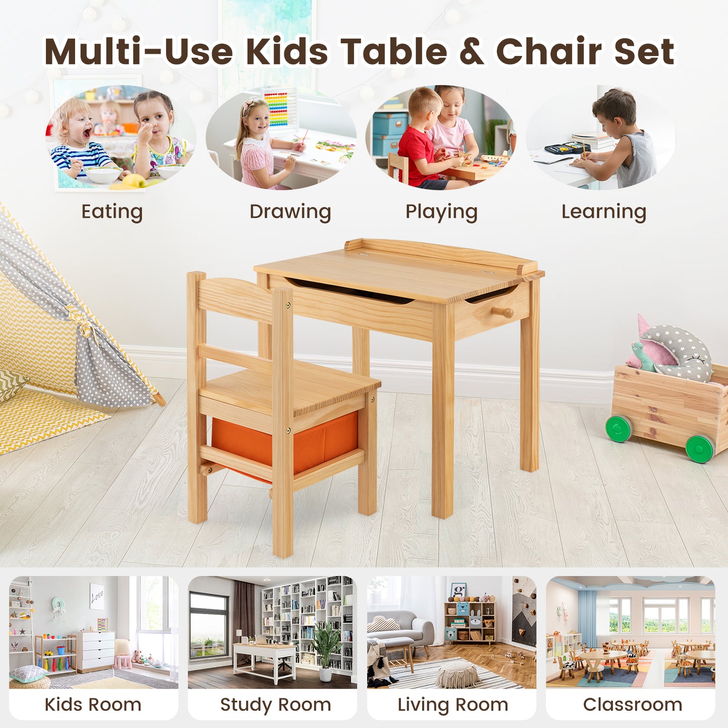 Kids Table and Chair Set with Storage - Solid Wood Activity Desk
