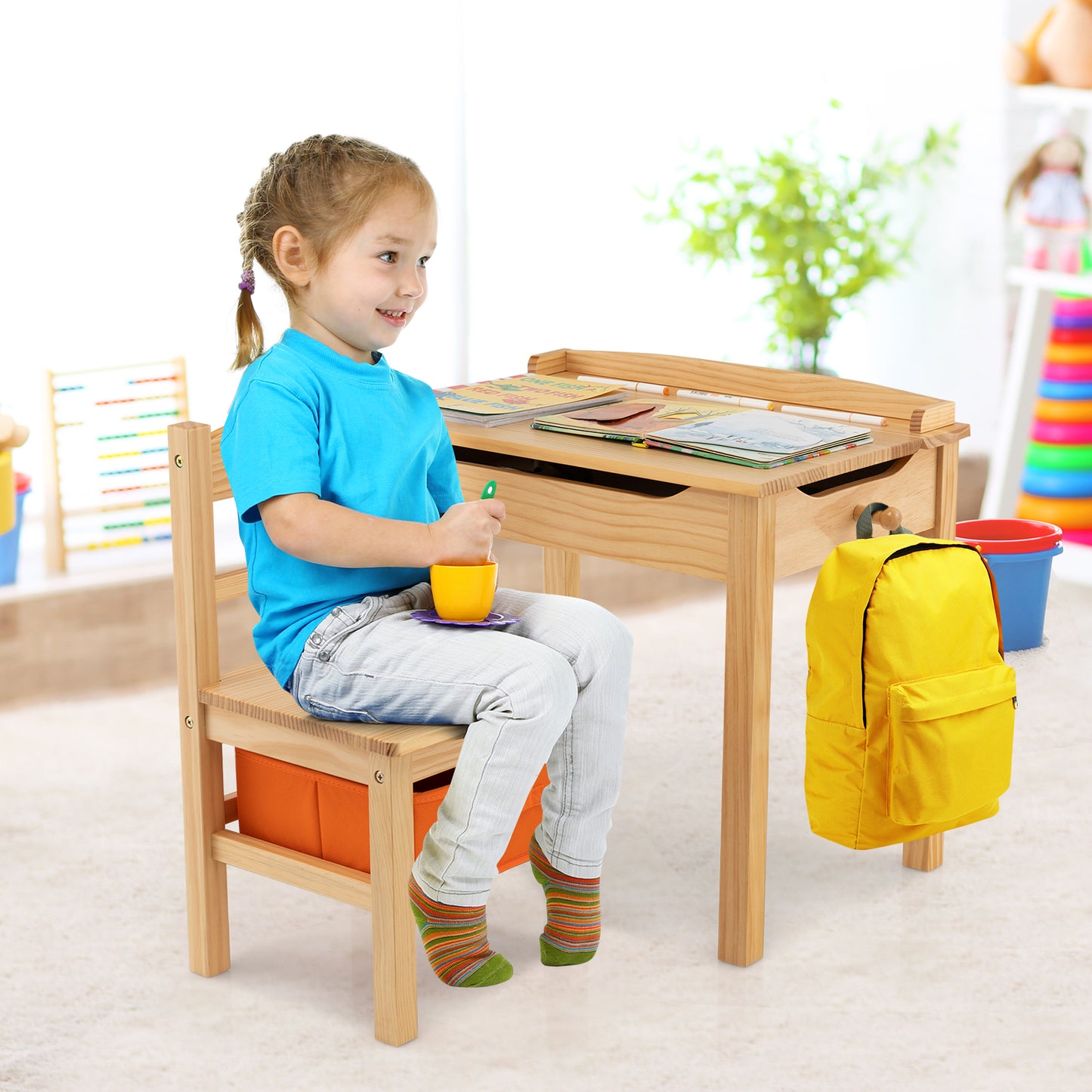 Kids Table and Chair Set with Storage - Solid Wood Activity Desk
