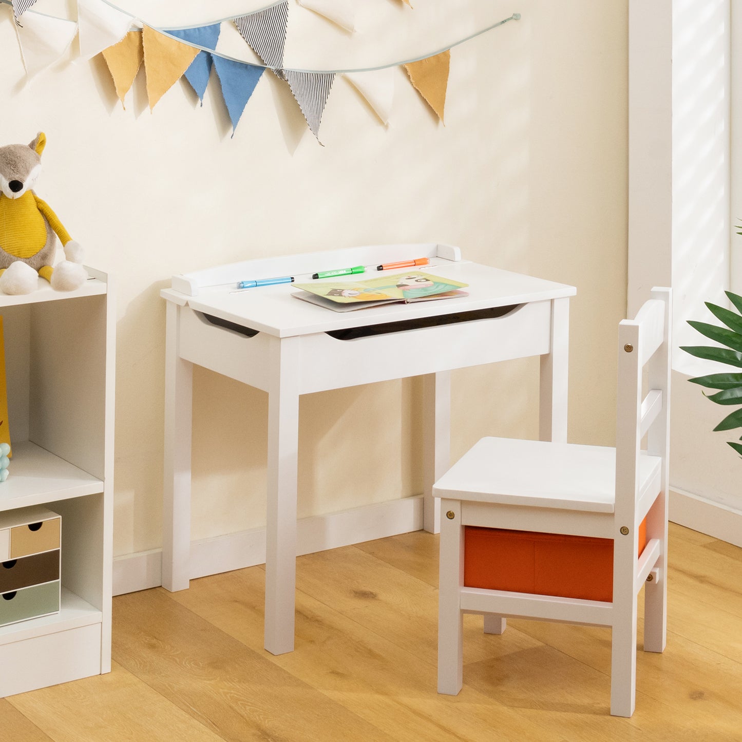 Kids Table and Chair Set with Storage - Solid Wood Activity Desk