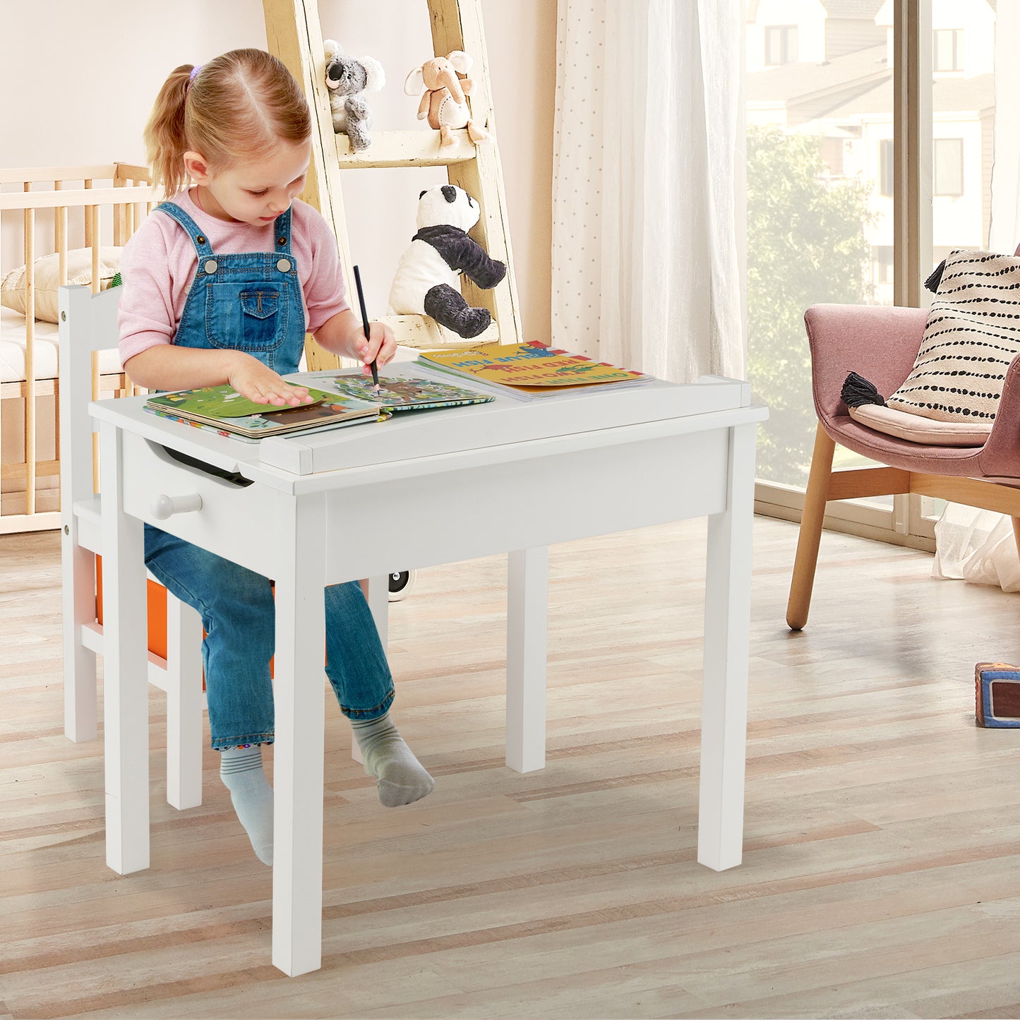 Kids Table and Chair Set with Storage - Solid Wood Activity Desk