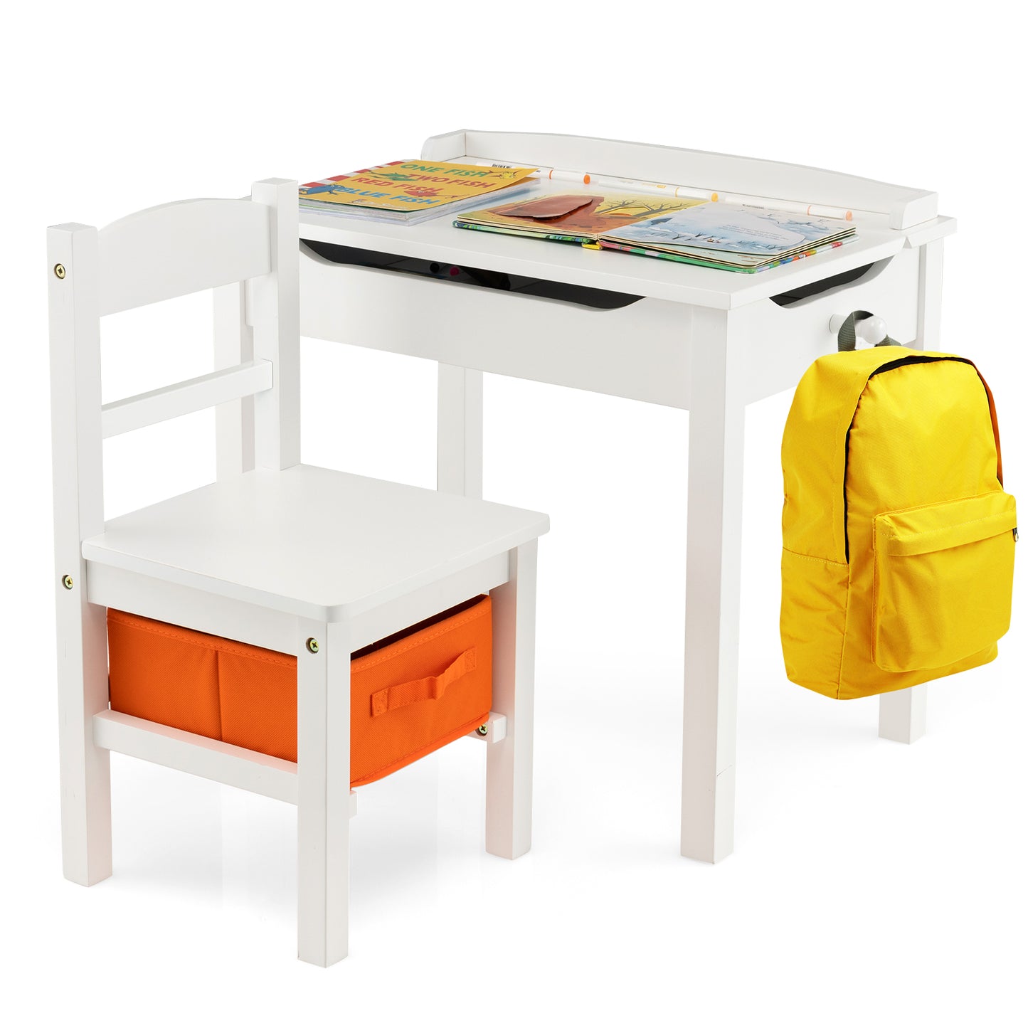 Kids Table and Chair Set with Storage - Solid Wood Activity Desk
