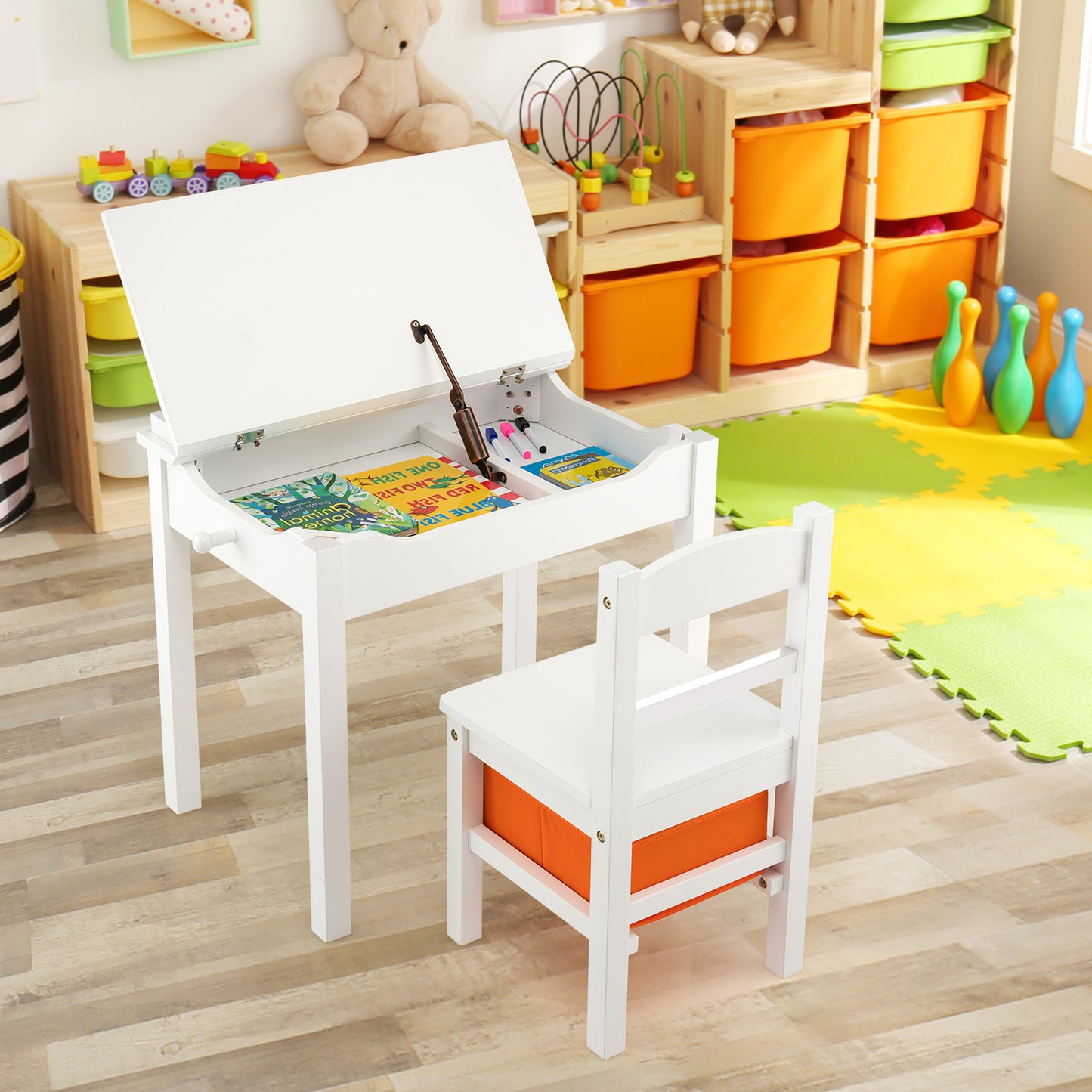 Kids Table and Chair Set with Storage - Solid Wood Activity Desk