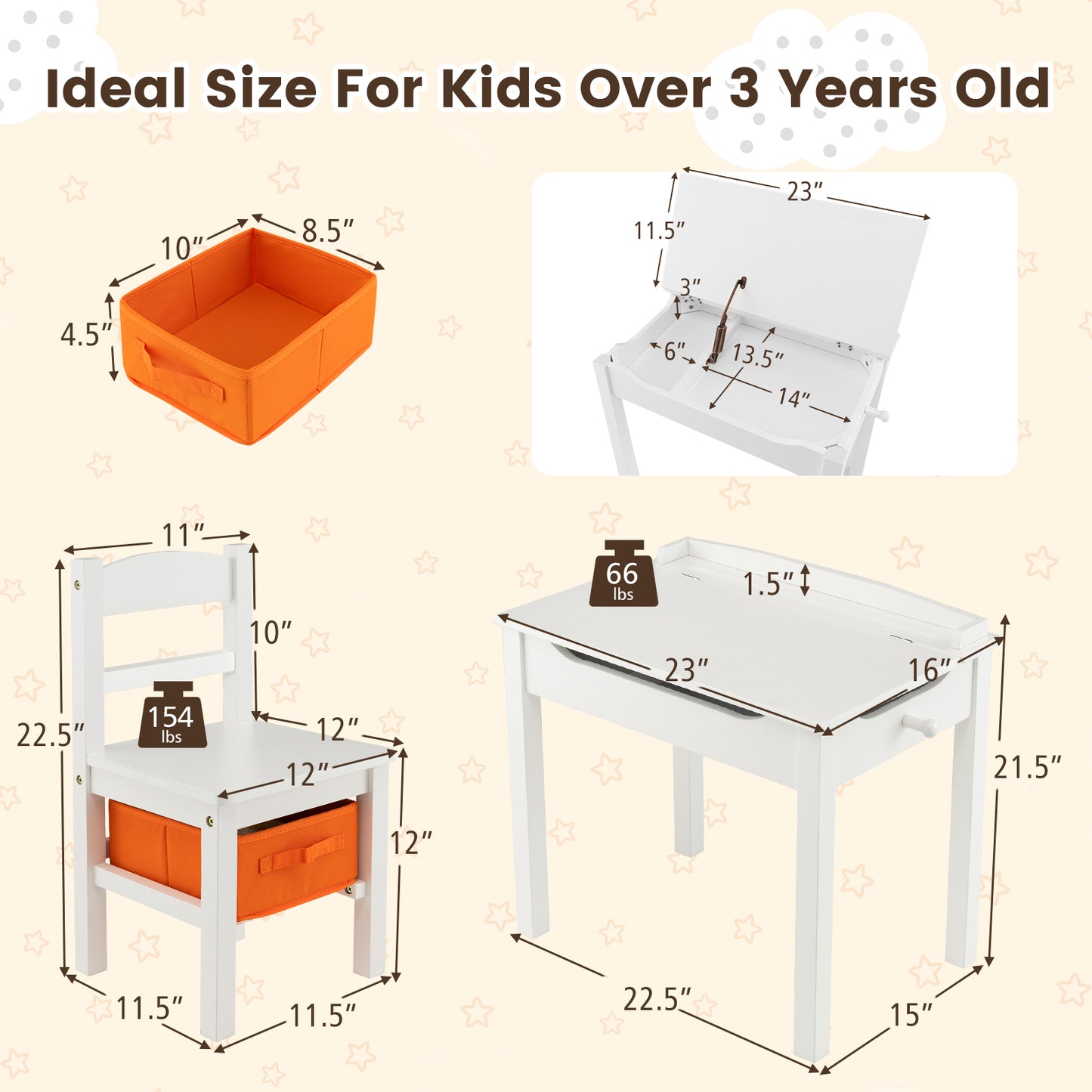 Kids Table and Chair Set with Storage - Solid Wood Activity Desk