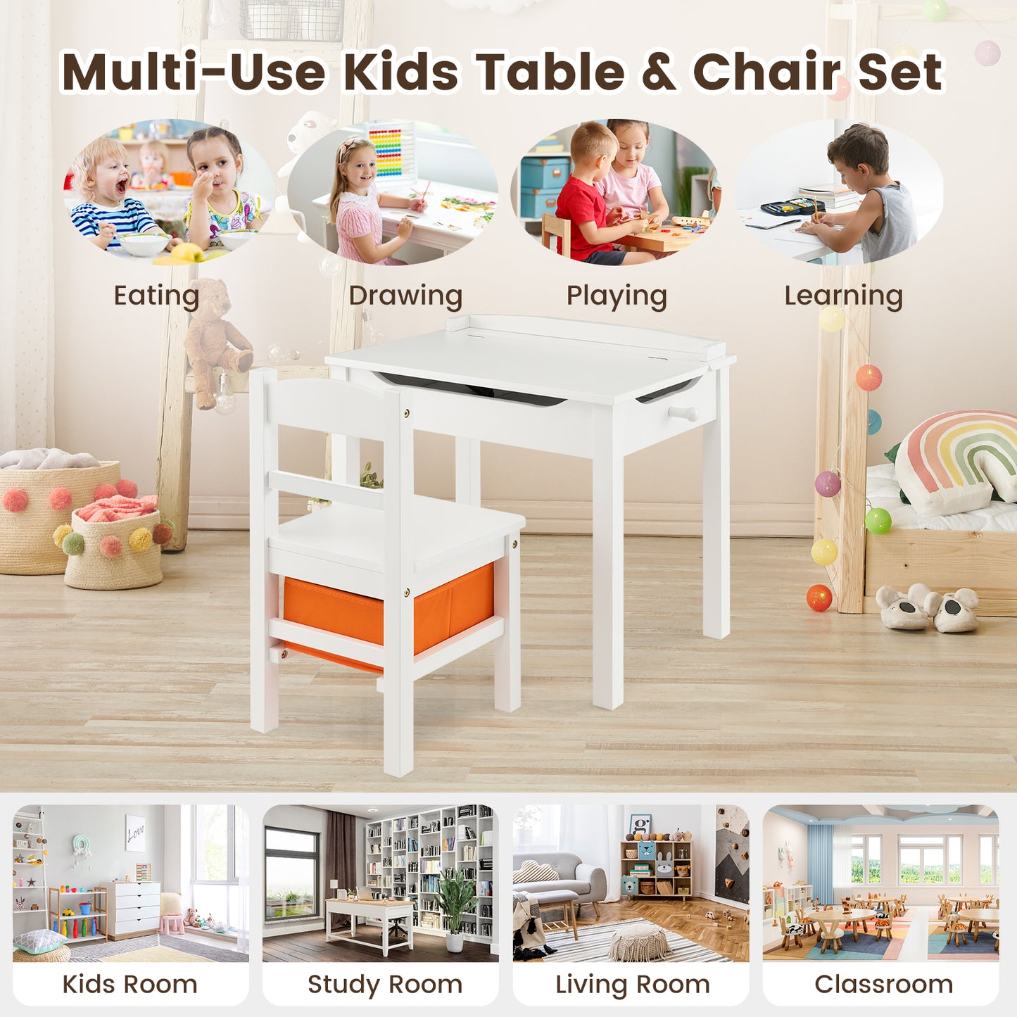 Kids Table and Chair Set with Storage - Solid Wood Activity Desk