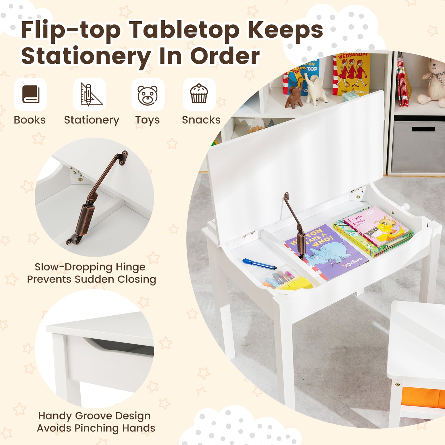 Kids Table and Chair Set with Storage - Solid Wood Activity Desk