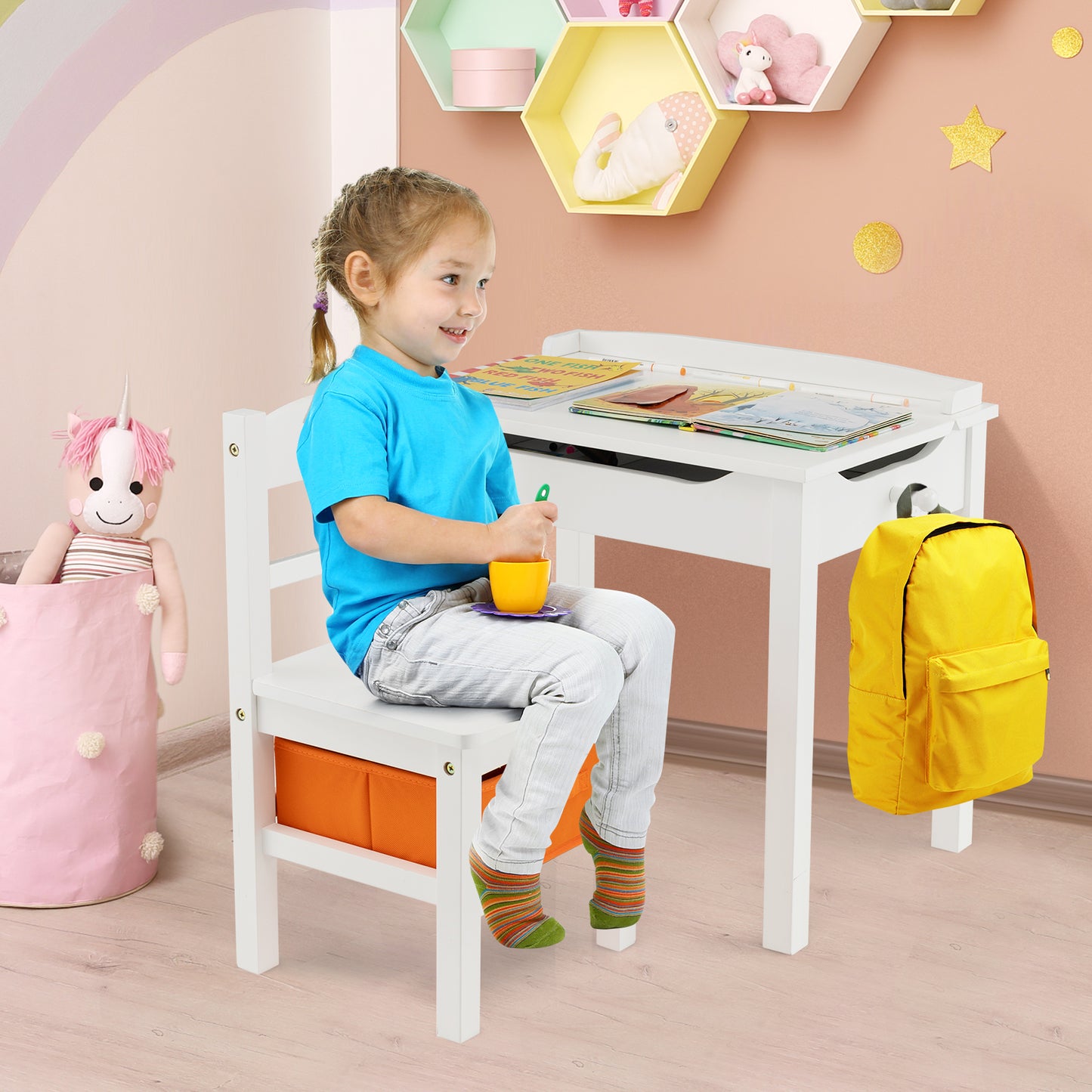 Kids Table and Chair Set with Storage - Solid Wood Activity Desk