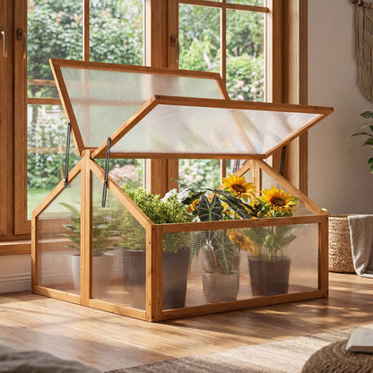 Wood Cold Frame Greenhouse Raised Flower Planter Protection with Transparent Openable Roof-Orange