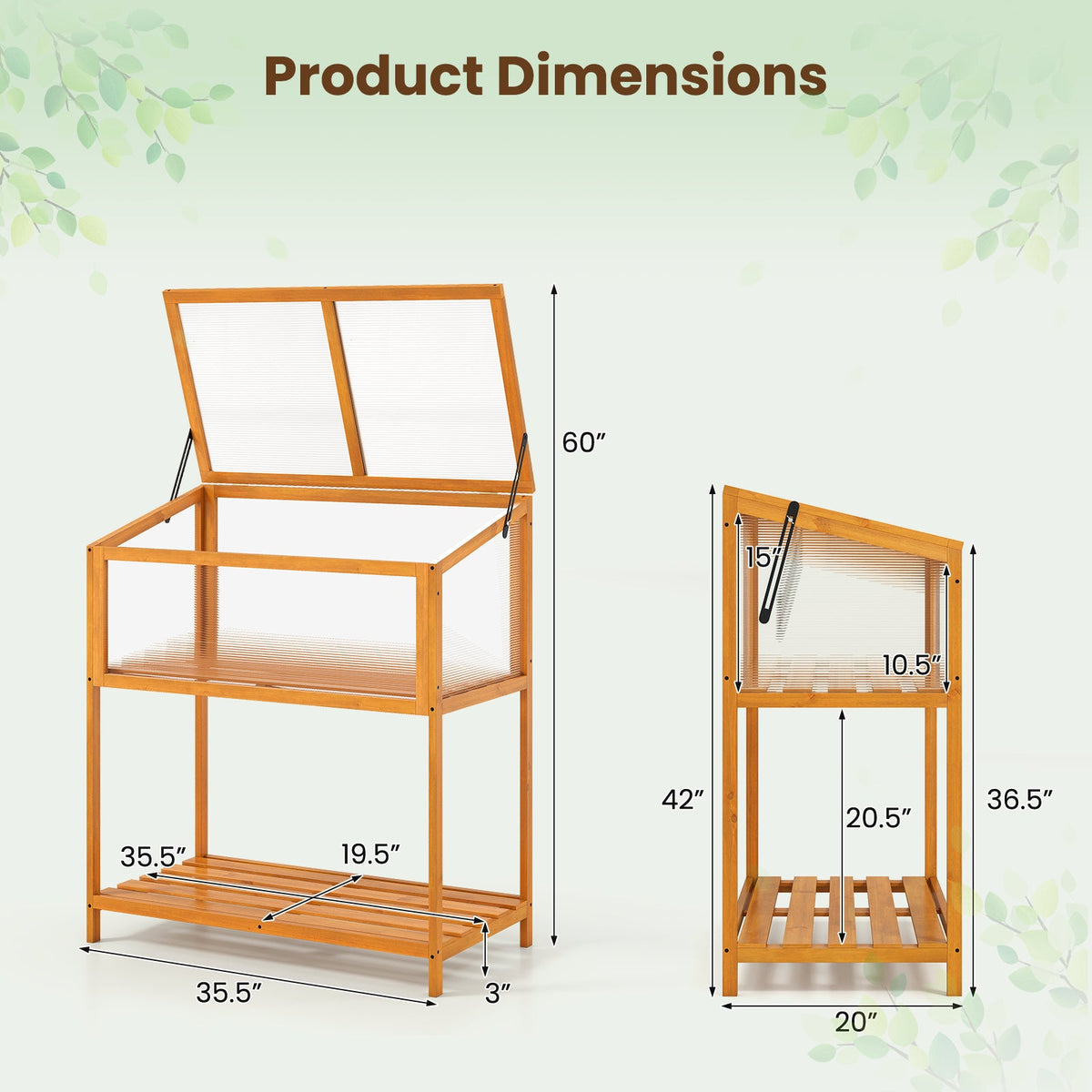 Wood Cold Frame Greenhouse with Transparent Openable Roof and Slatted Storage Shelf-Orange