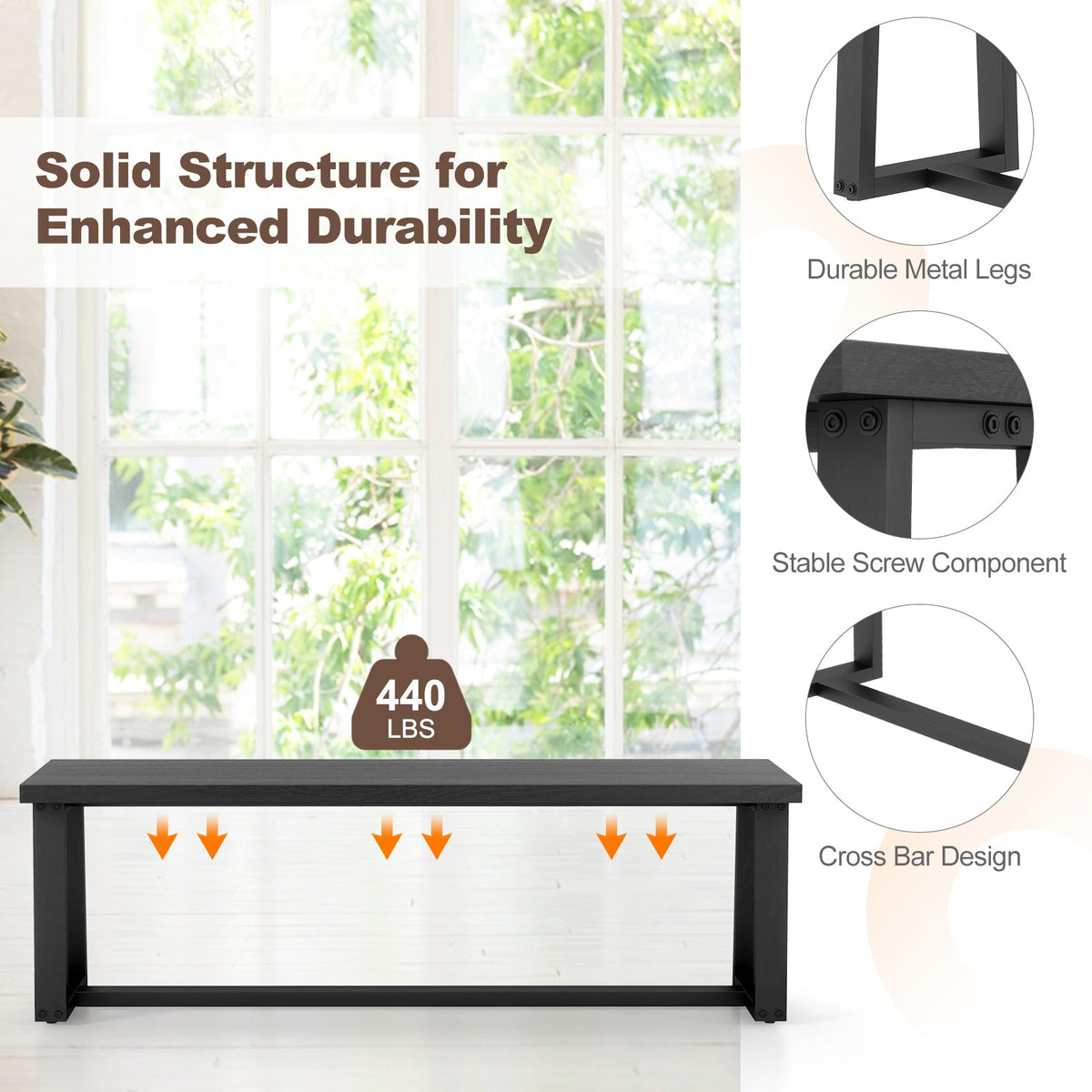 Wood Dining Bench with Metal Frame and Adjustable Footpads
