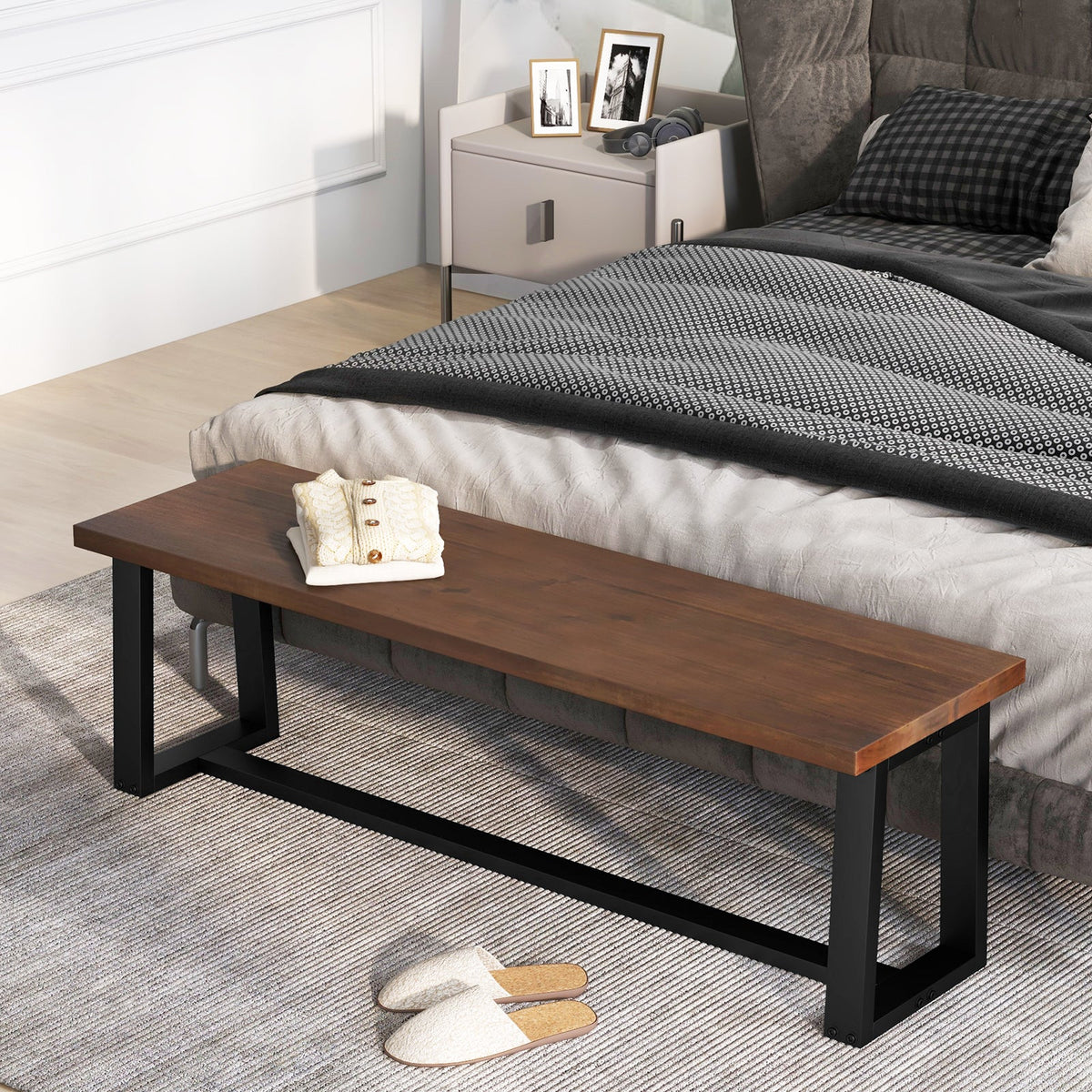 Wood Dining Bench with Metal Frame and Adjustable Footpads