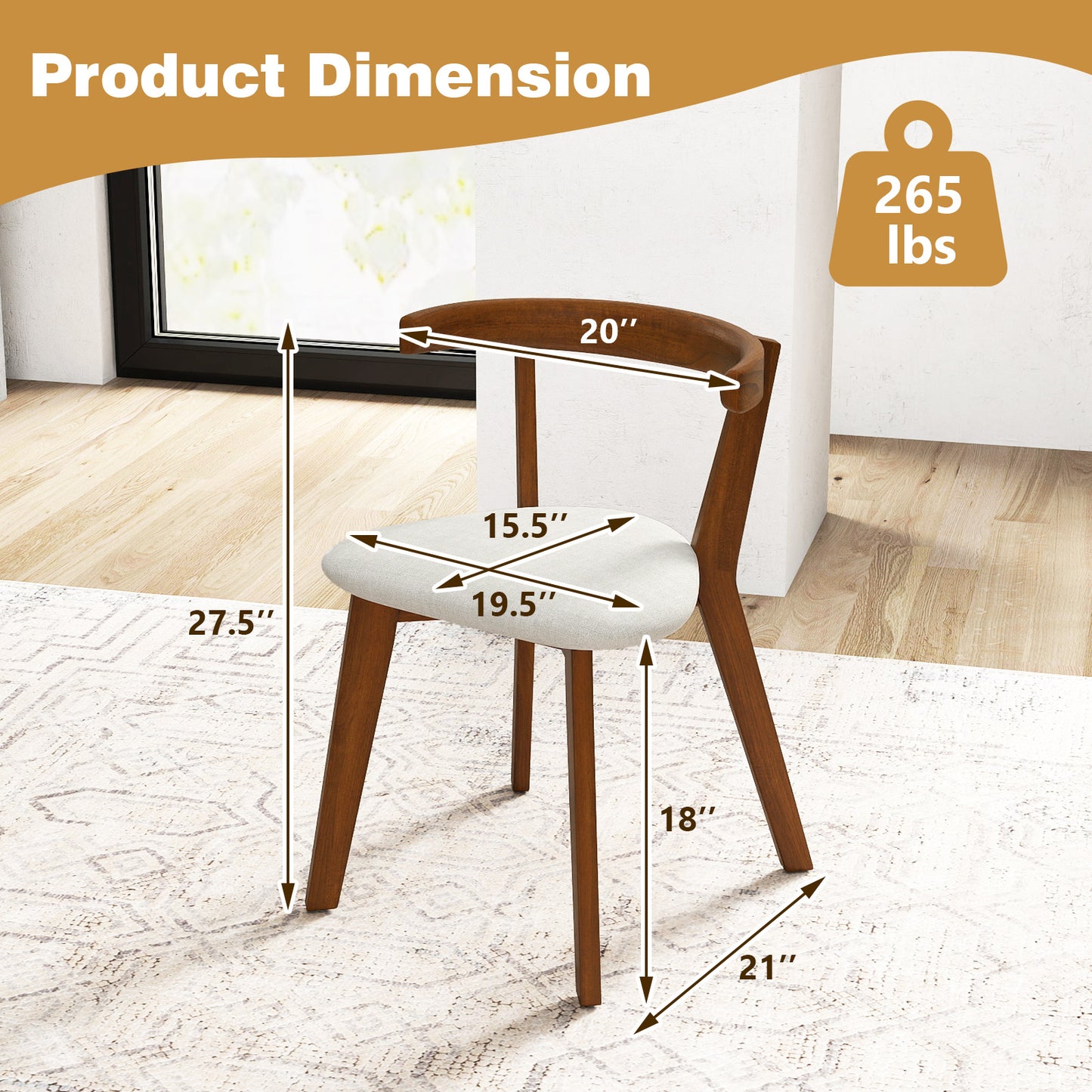 Dining Chairs Set of 2 with Padded Seat and Curved Back
