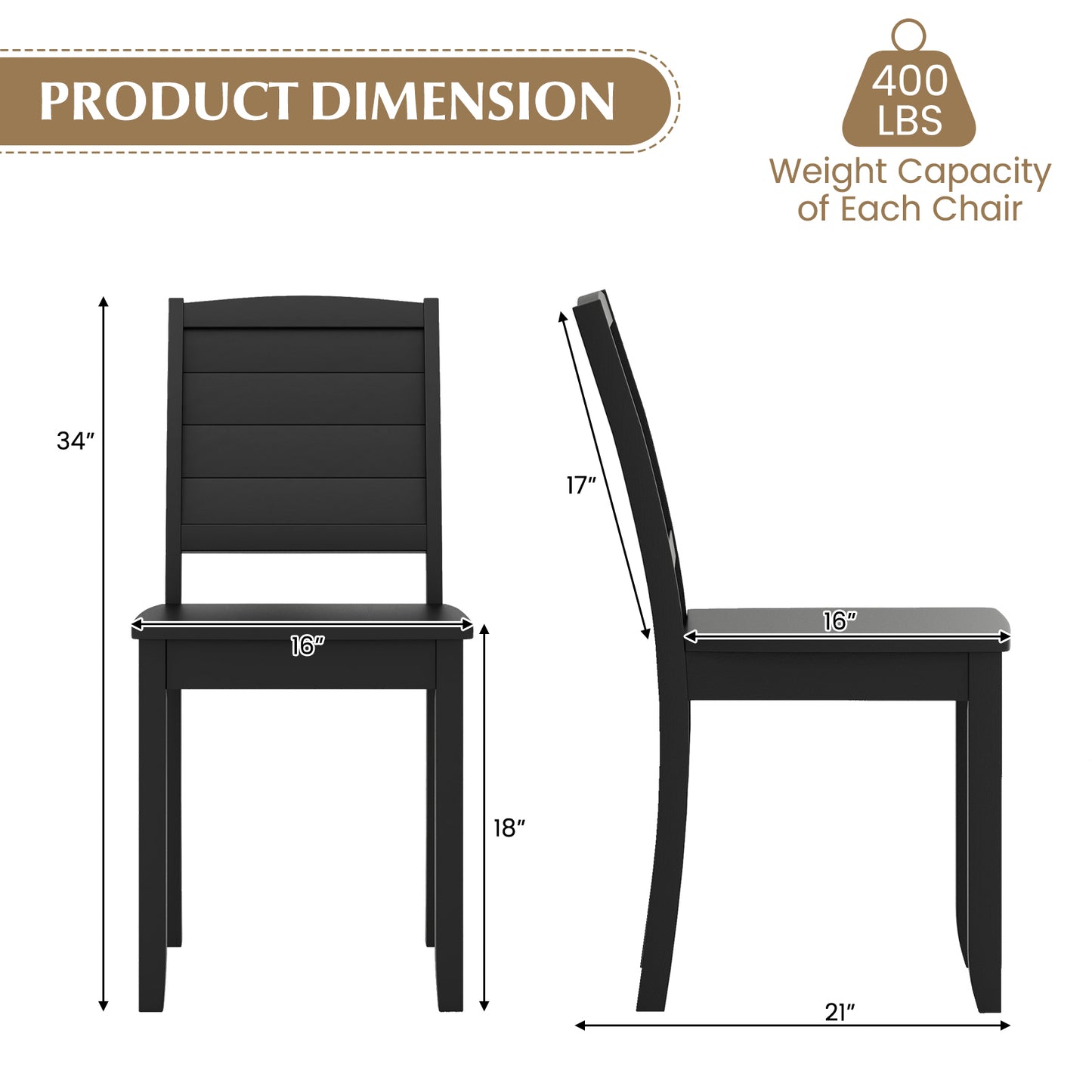 Rubber Wood Dining Chairs Set of 2 with Curved Backrest