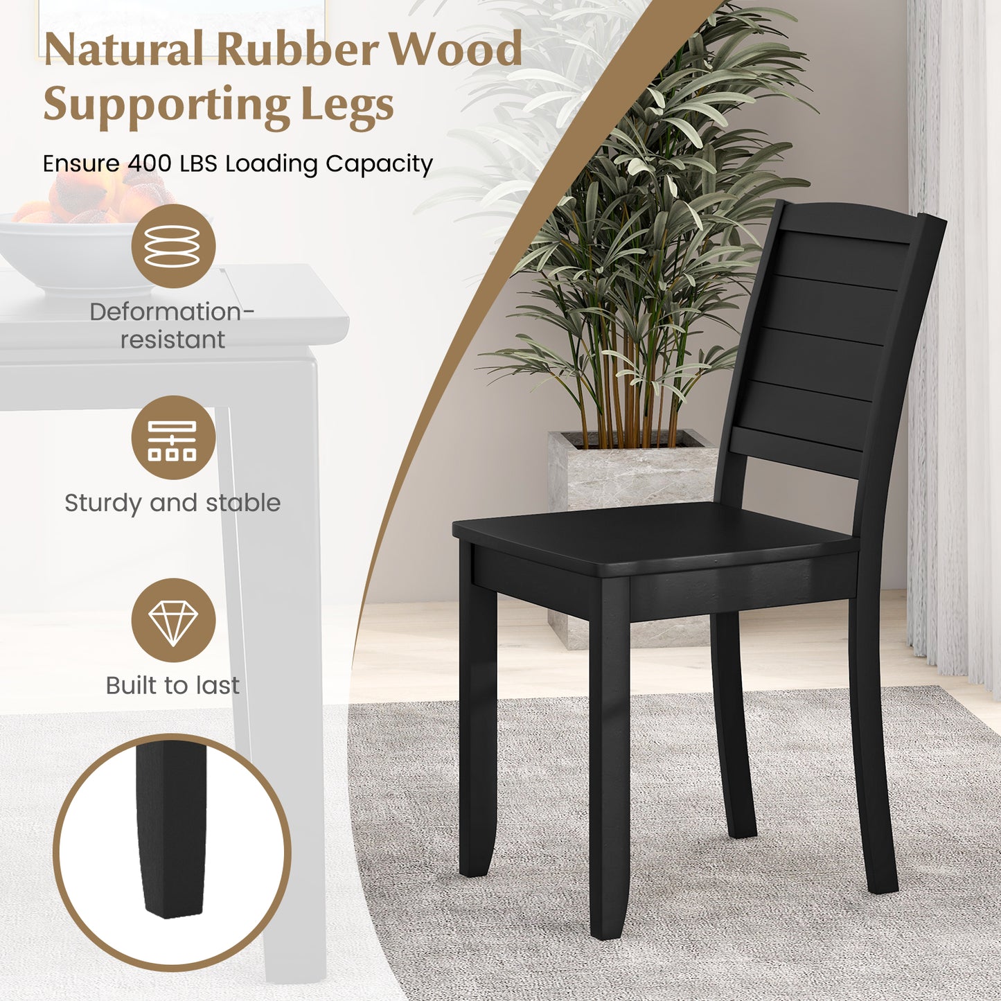 Rubber Wood Dining Chairs Set of 2 with Curved Backrest