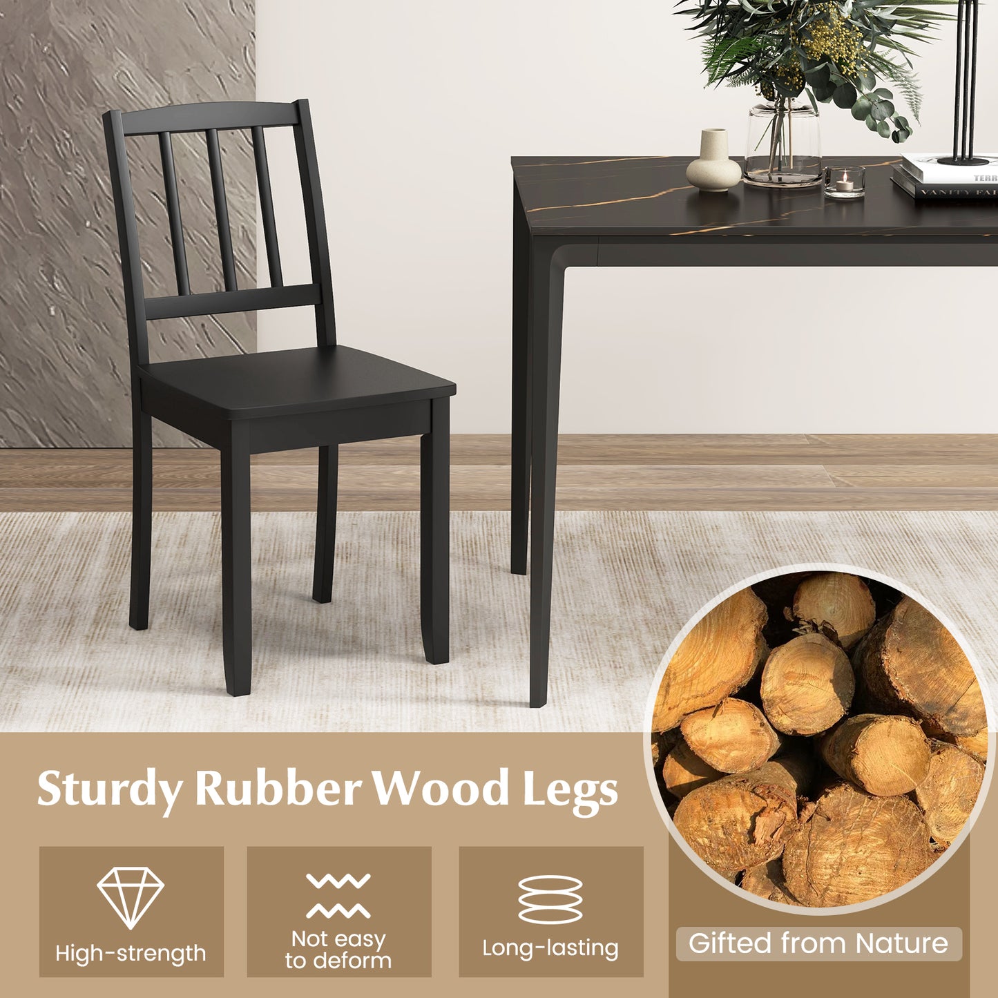 Rubber Wood Dining Chairs Set of 2 with Curved Back