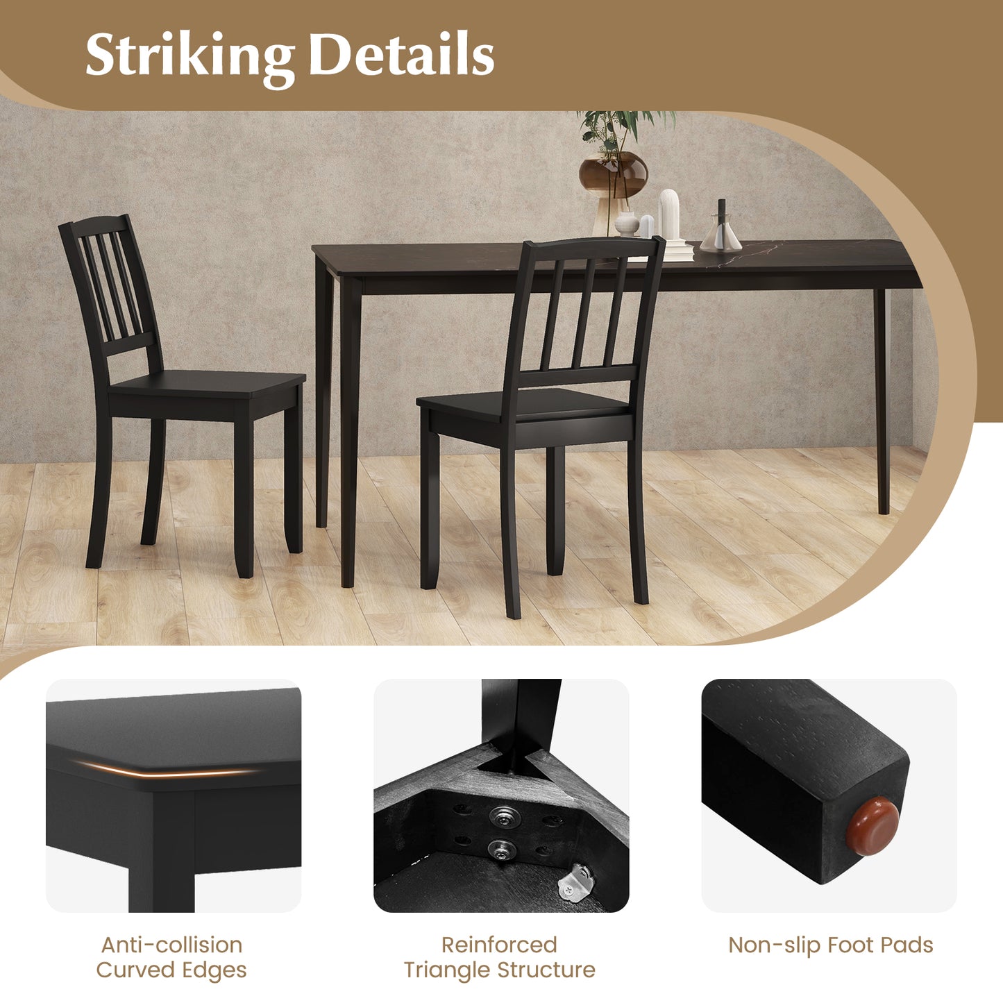 Rubber Wood Dining Chairs Set of 2 with Curved Back