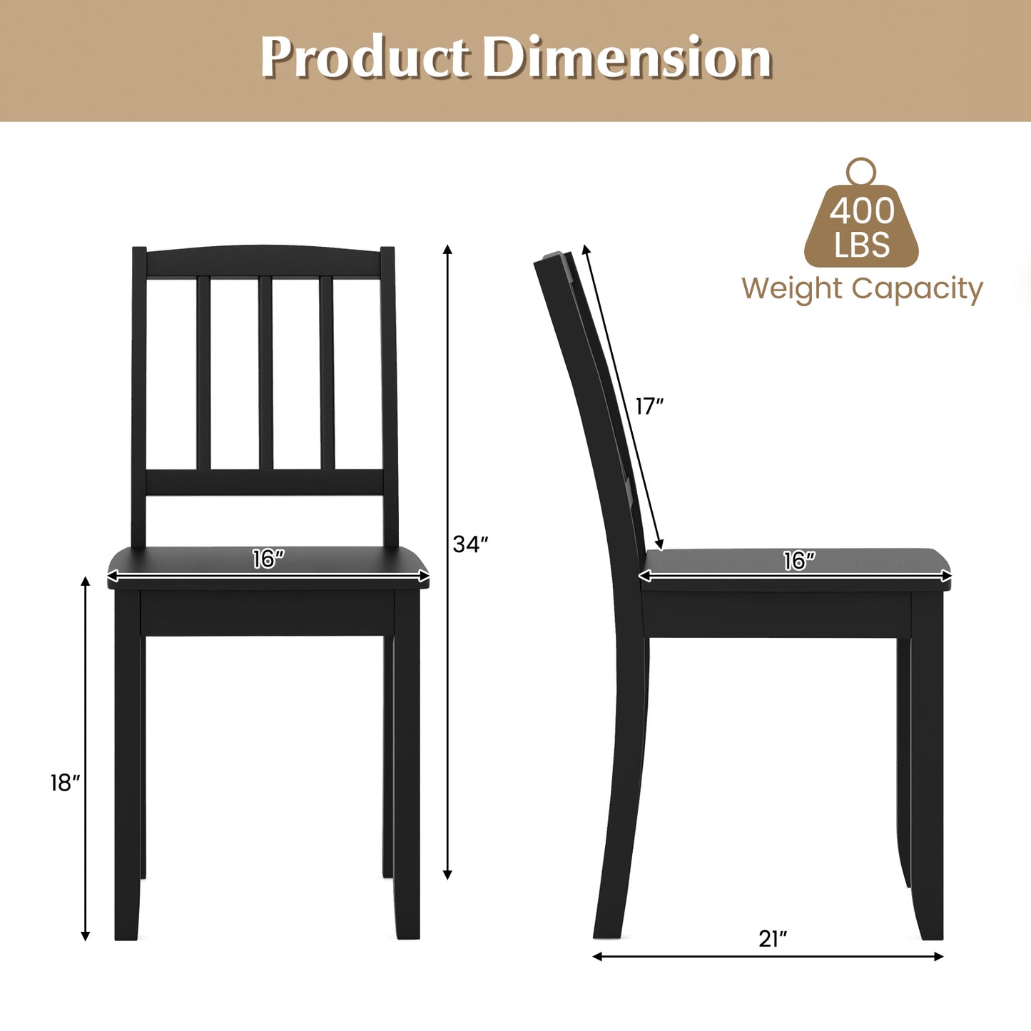 Rubber Wood Dining Chairs Set of 2 with Curved Back