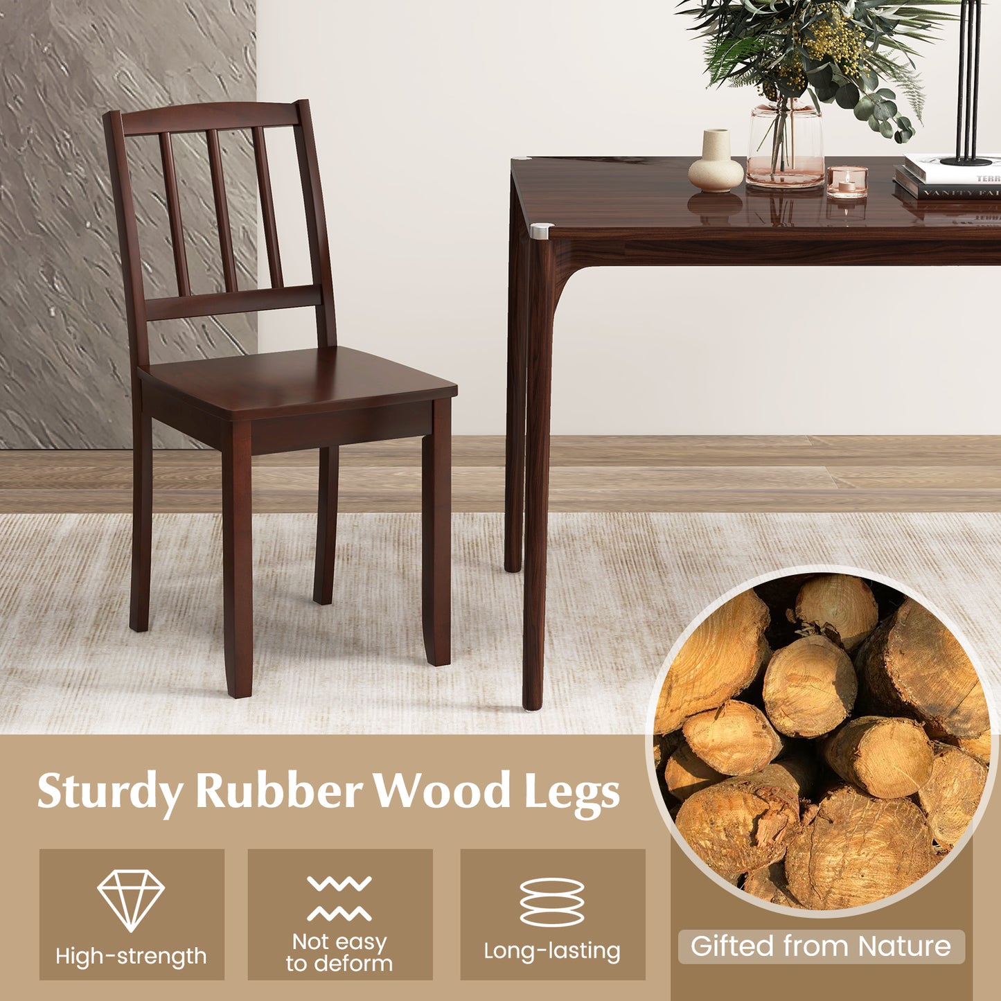 Rubber Wood Dining Chairs Set of 2 with Curved Back