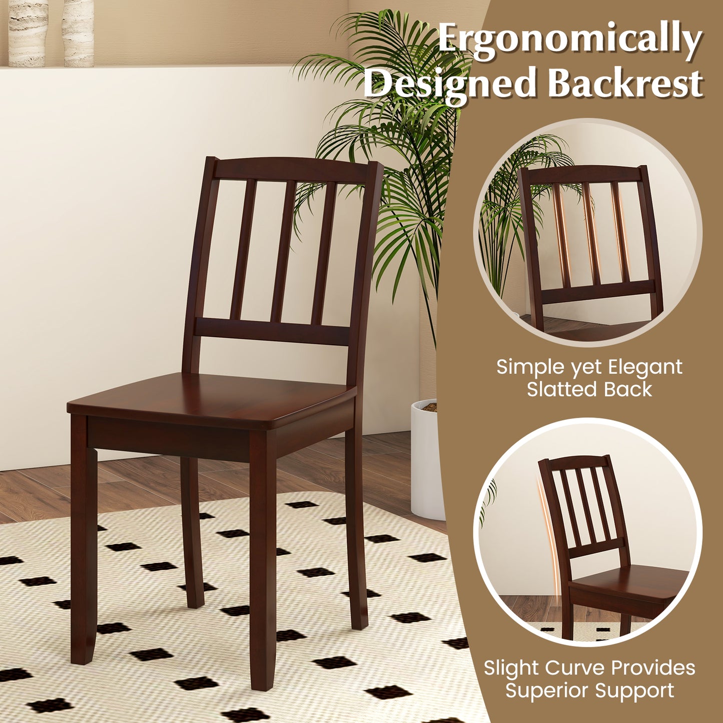Rubber Wood Dining Chairs Set of 2 with Curved Back