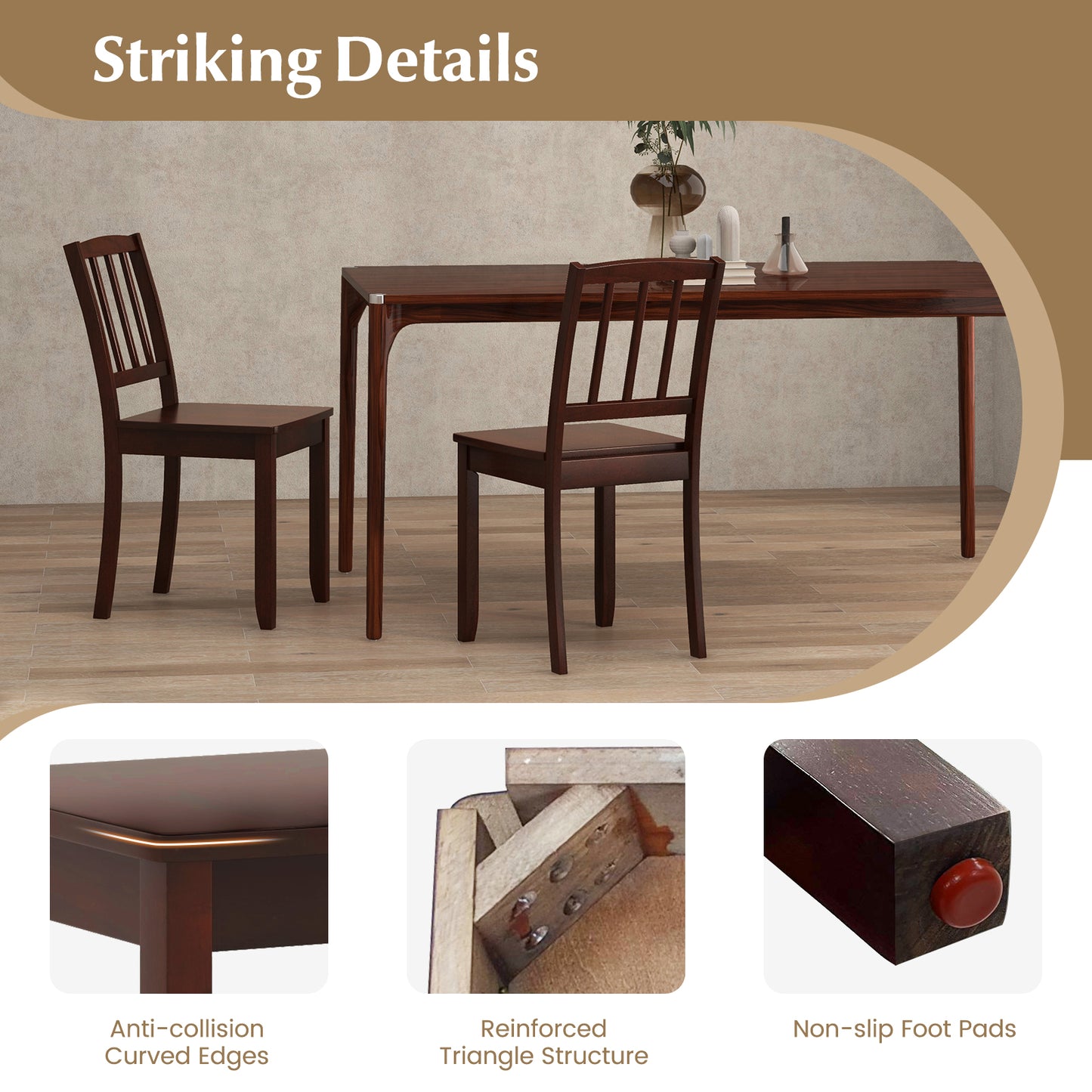 Rubber Wood Dining Chairs Set of 2 with Curved Back