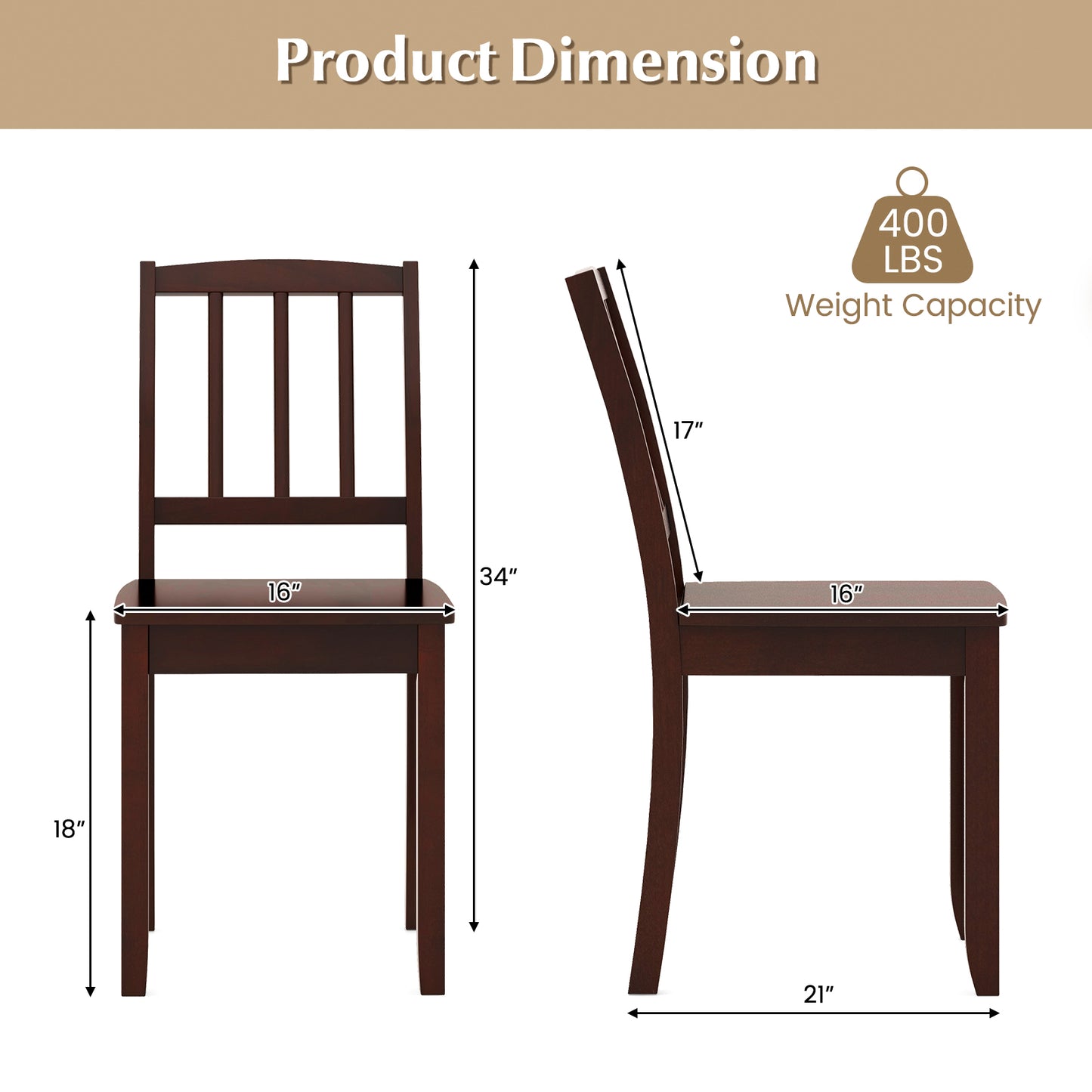 Rubber Wood Dining Chairs Set of 2 with Curved Back